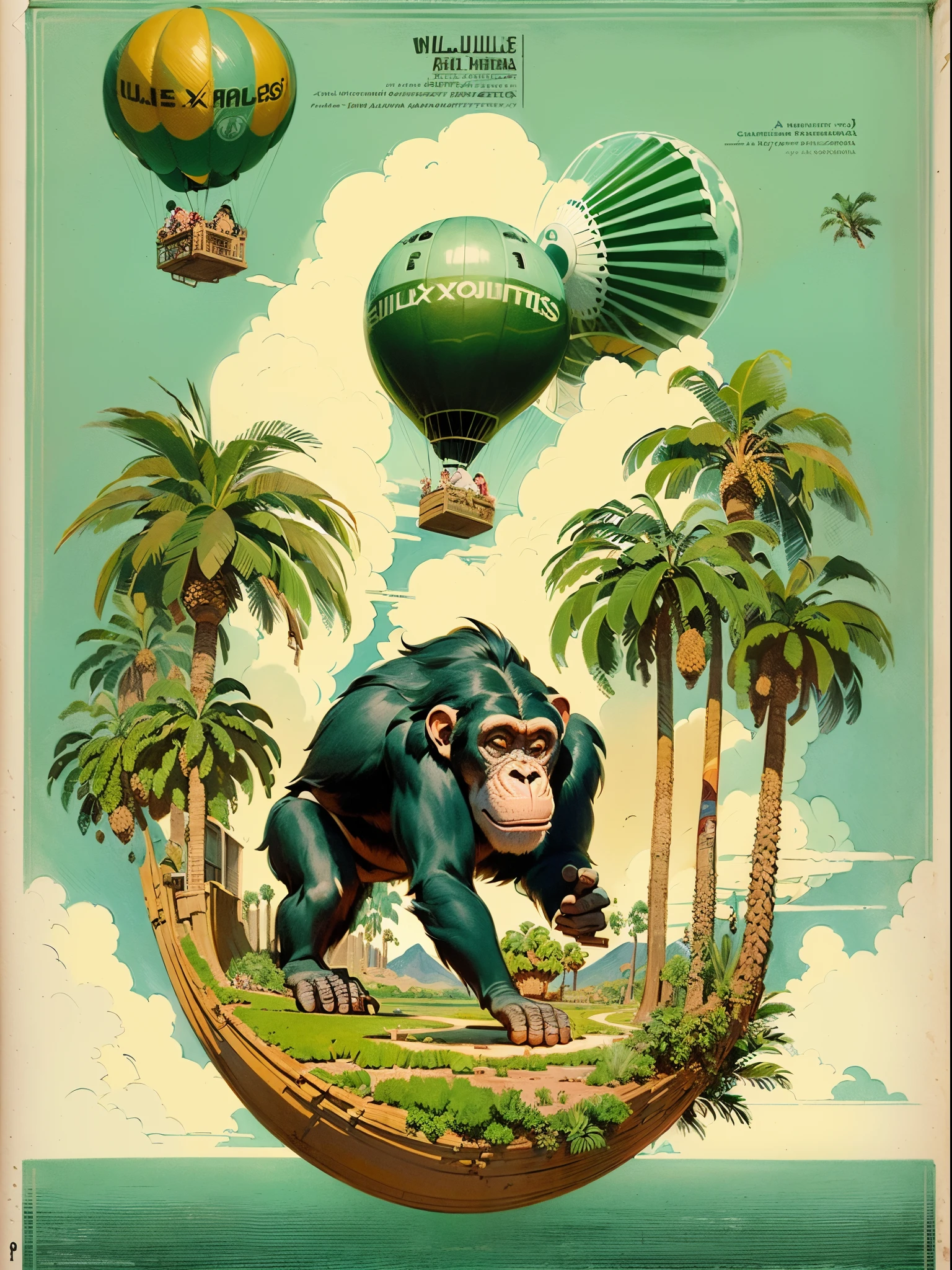 (((melhor qualidade)),, An illustration with a chimpanzee-shaped blimp flying over phoenix canariensis palm trees (((blimp with chimpanzee head)),,,(((muitas palmeiras phoenix canariensis))) ,,, Hot steam balloons, Sky with fluffy clouds,, sharp foccus ilustration, hiper-realismo, finely detailed illustration, inspirado em Charles W. Bartlett, scientific illustration, campo de profundidade, cauda de fluxo longo, full-colour illustration, Adepto de Silvergill, gravura em litografia colorida, por Charles W. Bartlett, a hyper-realistic illustration of, jules julien, Tiago Collinson, por Tim Hildebrandt