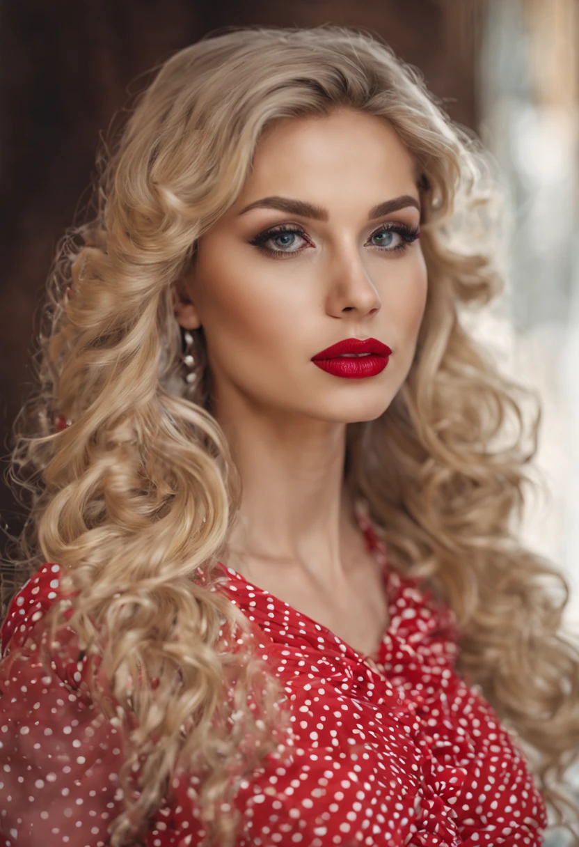 pretty face, russian 38 years blonde with hot, perfect body, Rebecca, chery red lipstick, stockings 64k, makeup, full body, top-quality, hightquality, Extreme Detail Photography, Eye for extreme detail, masterpiece, 16k, 8k, 4K, HD, UHD, high details, high quality, 1080P, best quality, beautiful lady well dressed, elegant mini polka dress, spring vibe, atractive pose