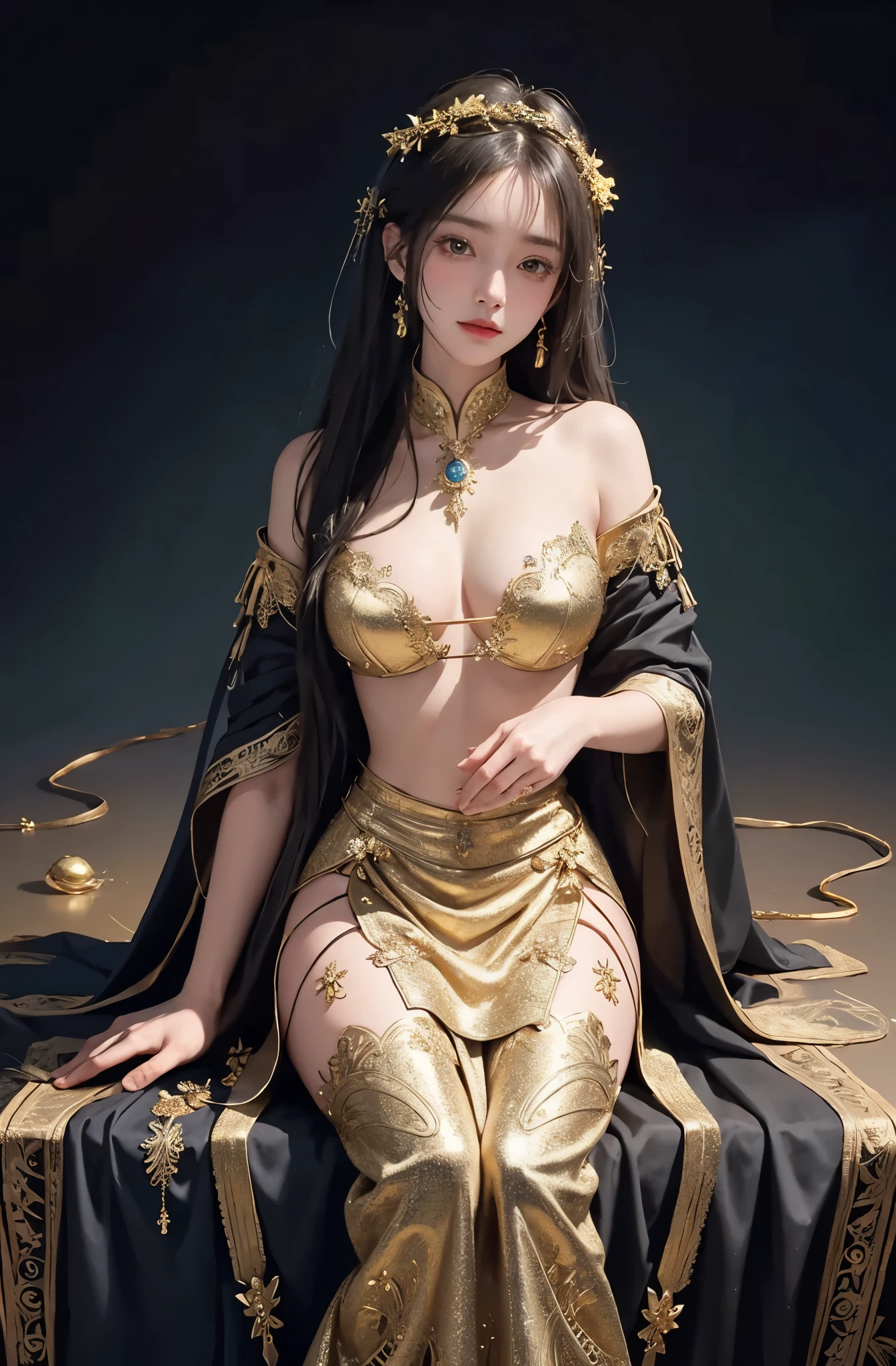 BestWorks,Ultra-high quality work,8K HD CG production,High-quality graphics,3D HD CG photos,Ultra-high pixel,Super refined:1.1,technical detail:1.1,Interior lighting effects:1.1,Natural dimming,Light effect,Super high resolution,Fashion clothing photos,Egyptian female face,Long black hair,Clear strands of hair,Careful hair texture(Premium hair details:1.1)Beautiful and delicate eyebrows and eyelashes,largeeyes,Light red eyes,Sexy red lips,Perfect lip shape,clear skin texture,wetted skin(Advanced facial details:1.1)The face of the flawless goddess,Perfect body shape,Suitable for supermodels,Cocked buttocks,Small man's waist,Long legs,Arad woman in a golden dress poses in the room, a beautiful fantasy empress, elegant gold body, trending on cgstation, ((a beautiful fantasy empress)), The goddess of gold, draped in shiny golden oil, beautiful and seductive anime woman, Goddess. Extremely high detail, elegant gold skin, gilded lotus princess, Japanese goddess, smooth golden skin, Anime goddess