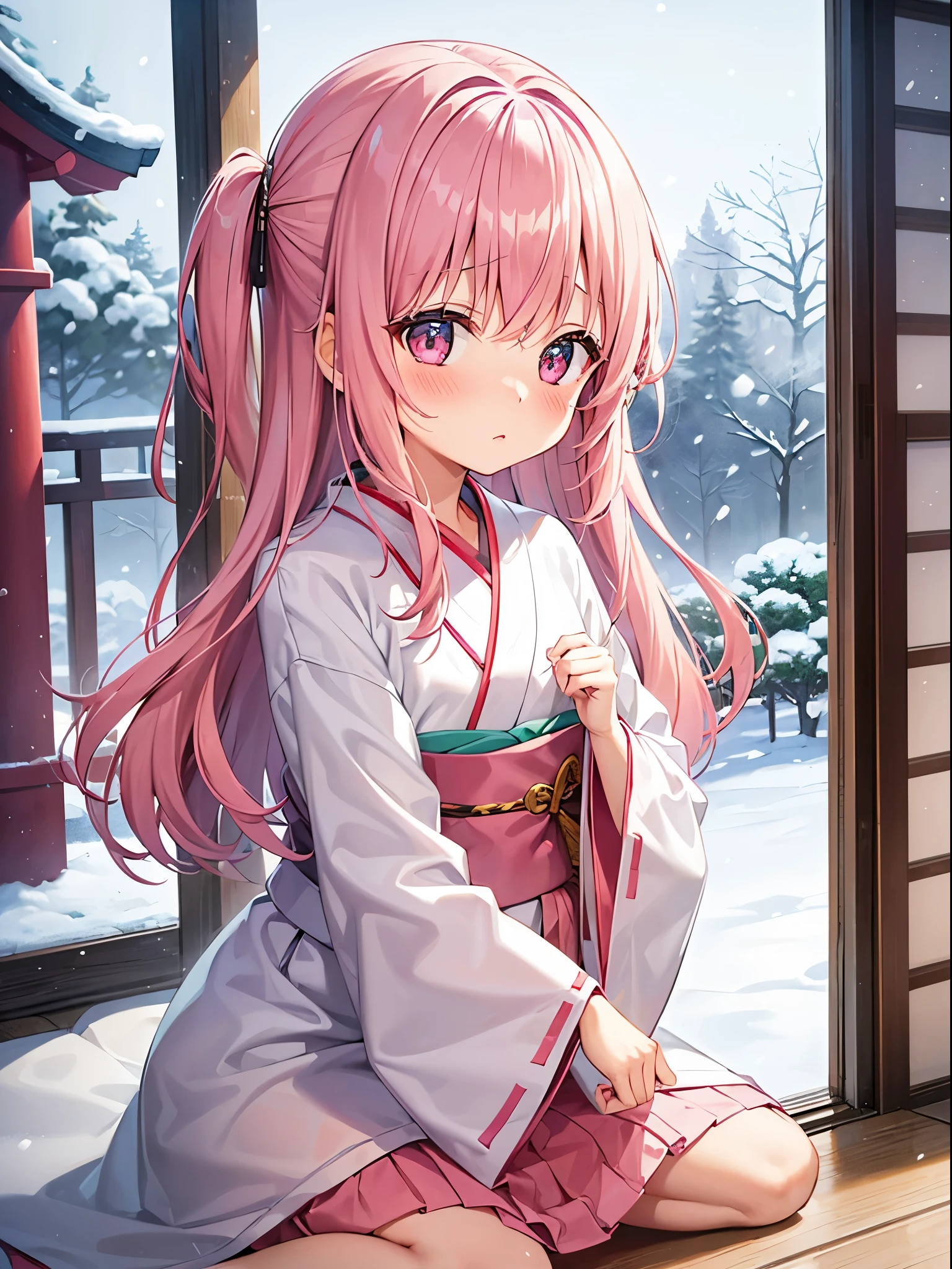 girl with、Worship、First visit、Kimono、shrines、Pink hair、PastelColors、Cute、blush, tiny chest, It's snowing
