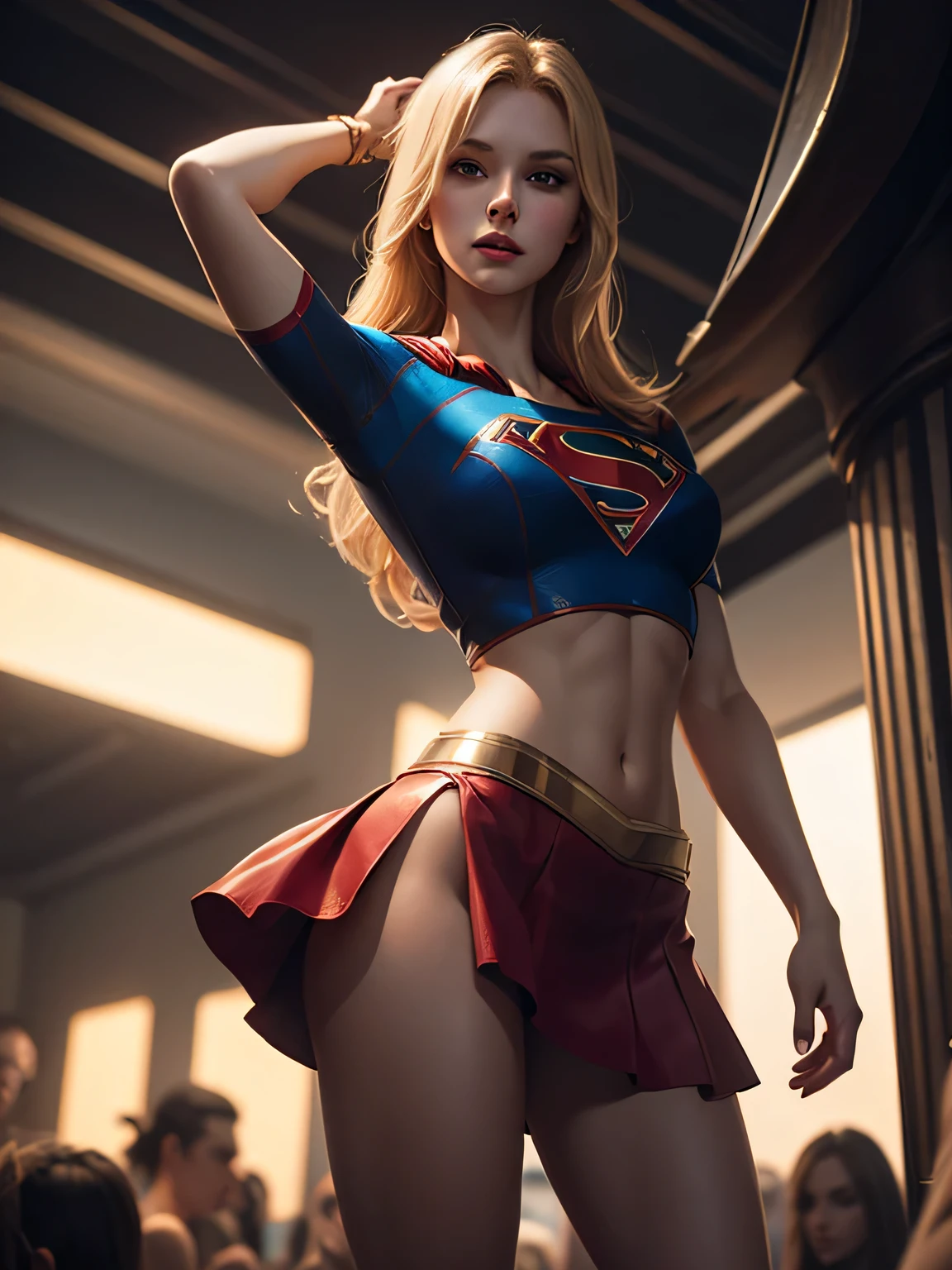 Supergirl, Prostitute Outfit, sexy, mini jupe rouge, crop top, jambes nues, corps entier, 4 9 9 0 s, longs cheveux blonds, complexe, elegant, Very detailed, digital painting, ArtStation, Art conceptuel, smouth, mise au point nette, Illustration par Wlop, Charlie Bowater et Alexandra Fomina. Danser dans une pole dance pour une foule de criminels, merveilleuse beauté, nice features, dinamic lighting, réalistique, less muscular, Less clothing, Pas de soutien-gorge, Pas de pantalon.