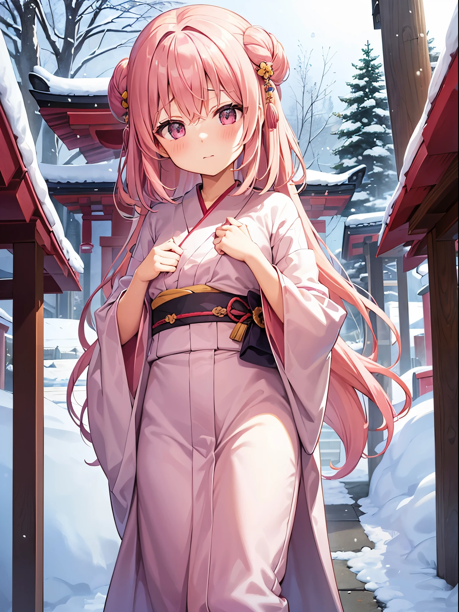 girl with、Worship、First visit、Kimono、shrines、Pink hair、PastelColors、Cute、blush, tiny chest,   It's snowing