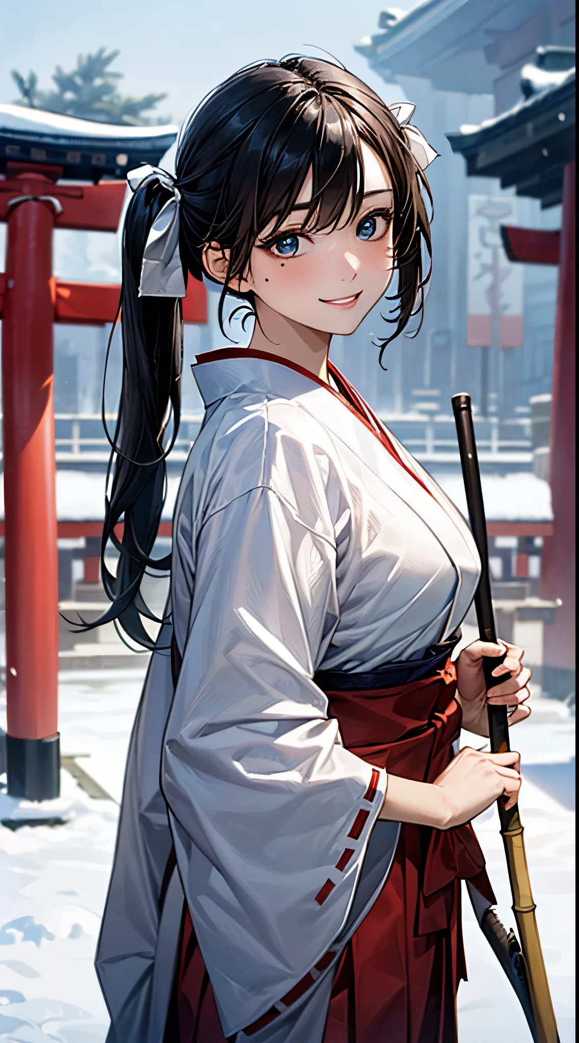 ((perfect anatomy, anatomically correct, super detailed skin)),
1 girl, japanese, 16 years old, shiny skin, large breasts:0.5, looking up, watching the view,
((miko clothes, long sleeve, long hakama, hair ribbon)), break,
beautiful hair, beautiful face, beautiful detailed eyes, (middle hair:1.5, twintail:1.7), ((black hair)), blue eyes, babyface, mole under eye, break,
((lovely smile, happy)), standing, walking, holding bamboo broom,
(beautiful scenery), winter, dawn, (new year's day, first visit), (shinto shrine), crowd, snow, snowfall:1.5, freezing weather, frost,
(8k, top-quality, masterpiece:1.2, extremely detailed), (photorealistic:1.2), sunlight, beautiful art, visual art, depth of fields, natural lighting,