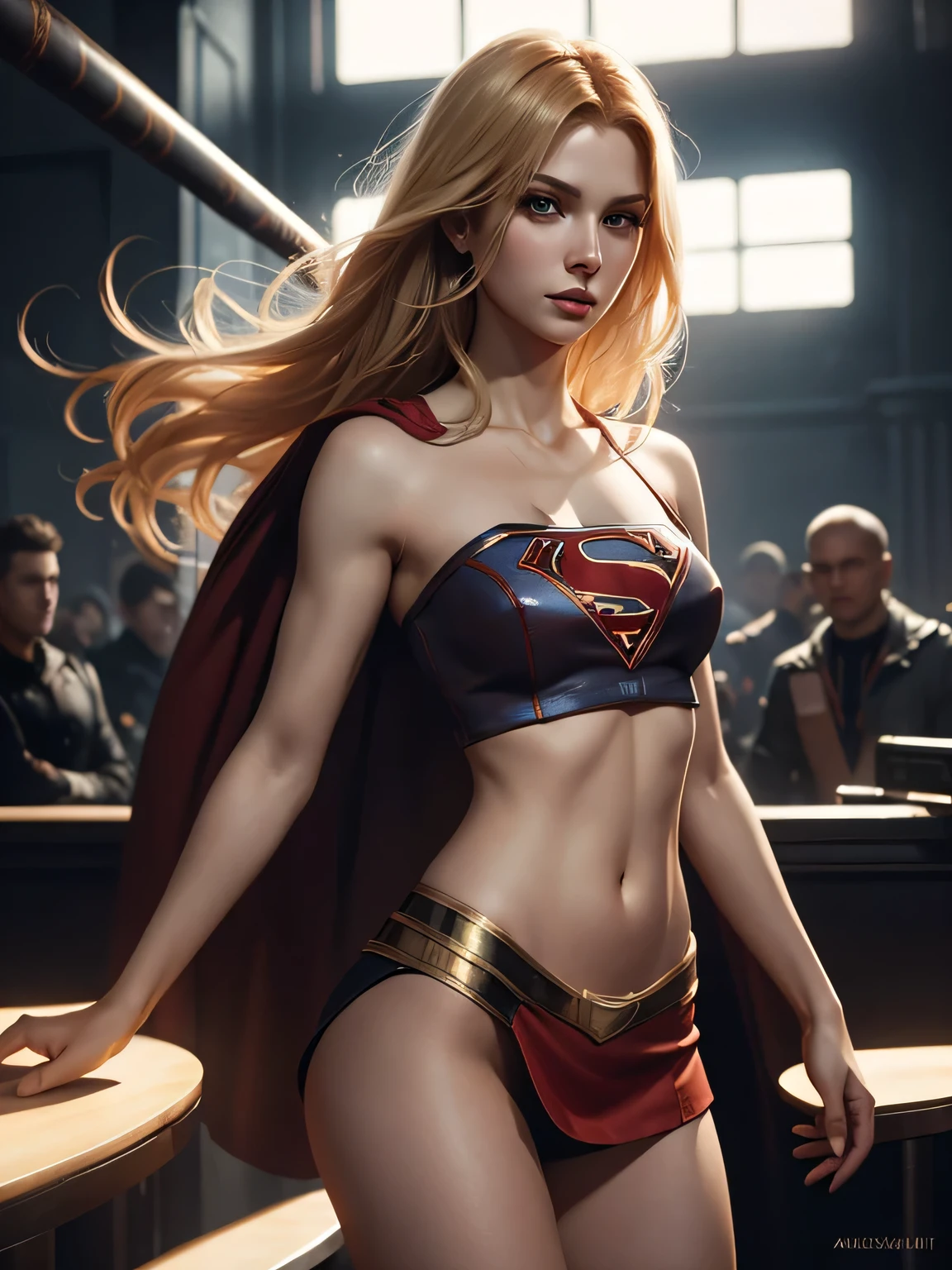 Supergirl, Prostitute Outfit, sexy, mini jupe rouge, crop top, jambes nues, corps entier, 4 9 9 0 s, longs cheveux blonds, complexe, elegant, Very detailed, digital painting, ArtStation, Art conceptuel, smouth, mise au point nette, Illustration par Wlop, Charlie Bowater et Alexandra Fomina. Danser dans une pole dance pour une foule de criminels, merveilleuse beauté, nice features, dinamic lighting, réalistique, less muscular, Less clothing, Pas de soutien-gorge, Pas de pantalon.