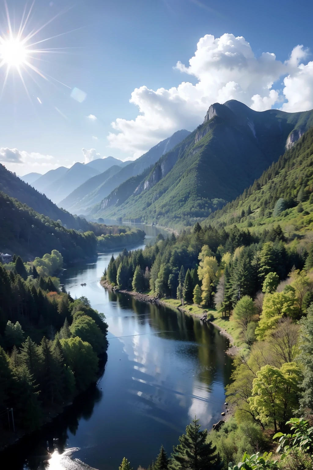 The rivers between the mountains and forests flow gently, and the detailed background rendering of the scenery is a masterpiece. Under the extreme picture quality, the sun gathers into a large aperture during the day, and the clouds are leisurely, looking up at the sky.