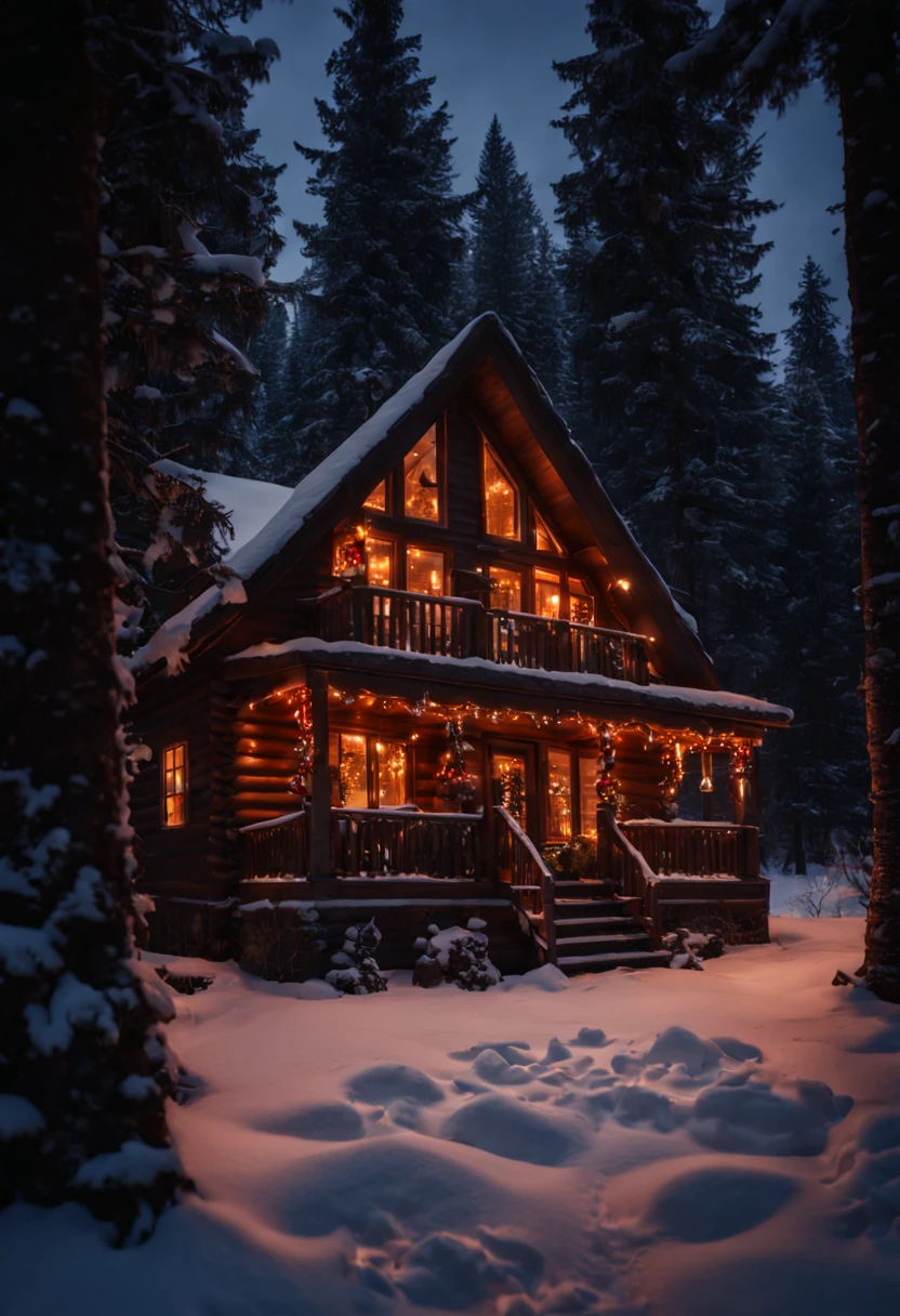 Cozy Christmas cabin in the snowy woods, twilight, warm lights glowing from windows