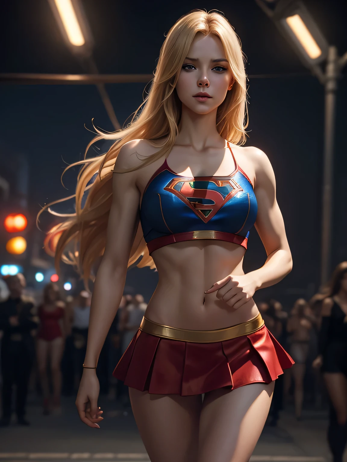 Supergirl, bon marché prostitution tenue, sexy, mini jupe rouge, crop top, jambes nues, corps entier, 4 9 9 0 s, longs cheveux blonds, yeux bleus, complexe, elegant, Very detailed, digital painting, ArtStation, Art conceptuel, smouth, mise au point nette, Illustration par Wlop, Charlie Bowater et Alexandra Fomina. Danser dans une pole dance pour une foule de criminels, merveilleuse beauté, nice features, dinamic lighting, réalistique, less muscular, Less clothing, Pas de soutien-gorge, Pas de pantalon.