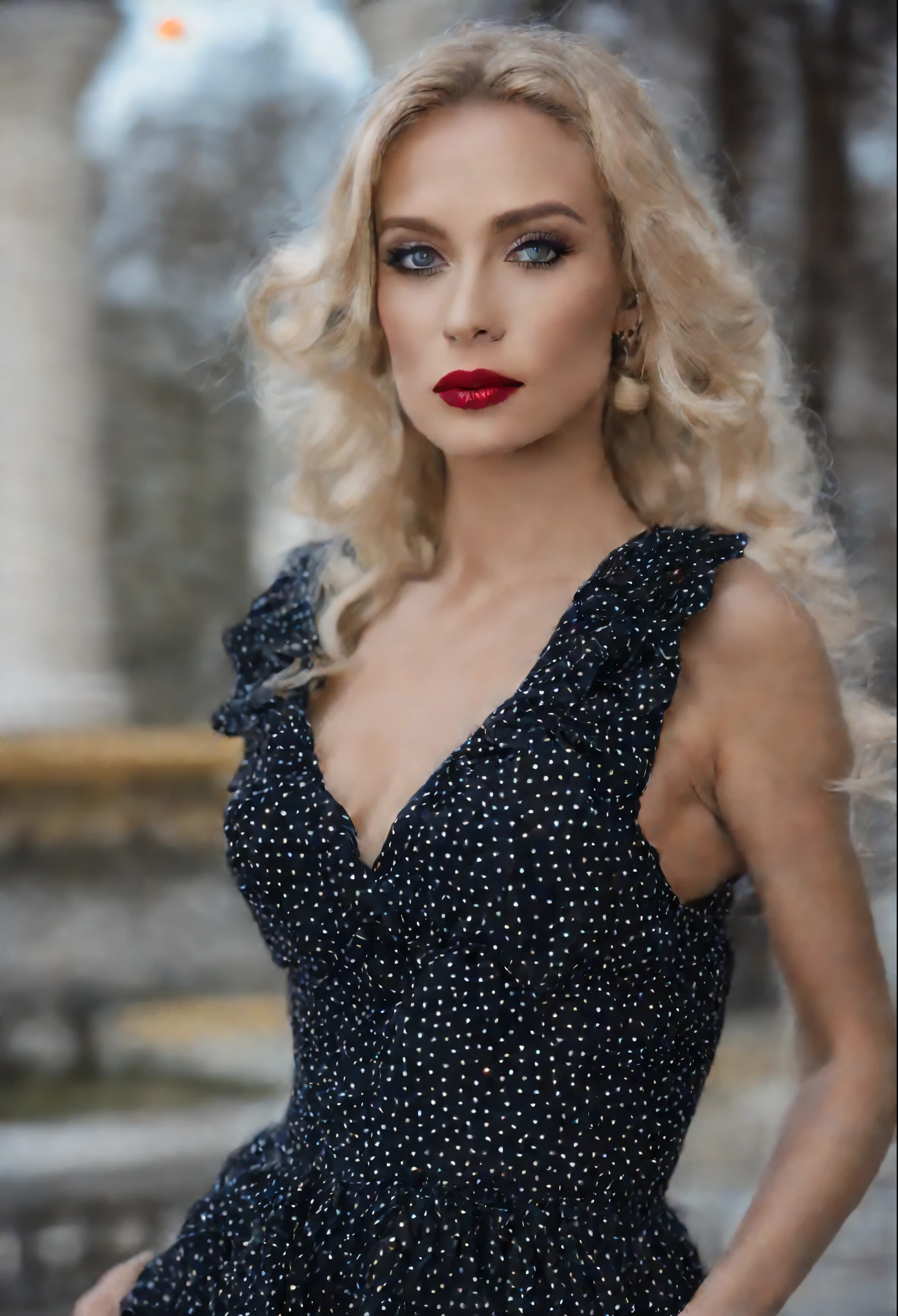 pretty face, russian 38 years blonde with hot, perfect body, Rebecca, chery red lipstick, stockings 64k, makeup, full body, top-quality, hightquality, Extreme Detail Photography, Eye for extreme detail, masterpiece, 16k, 8k, 4K, HD, UHD, high details, high quality, 1080P, best quality, beautiful lady well dressed, elegant mini polka dress, spring vibe, atractive pose