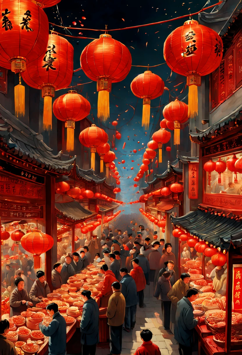An intricate vertical New Year's scroll painting in traditional Chinese style depicting a busy street market scene in Shanghai during Chinese New Year celebrations. People bargaining and buying decorations and food, red lanterns hanging overhead, firecrackers lighting up the night sky.