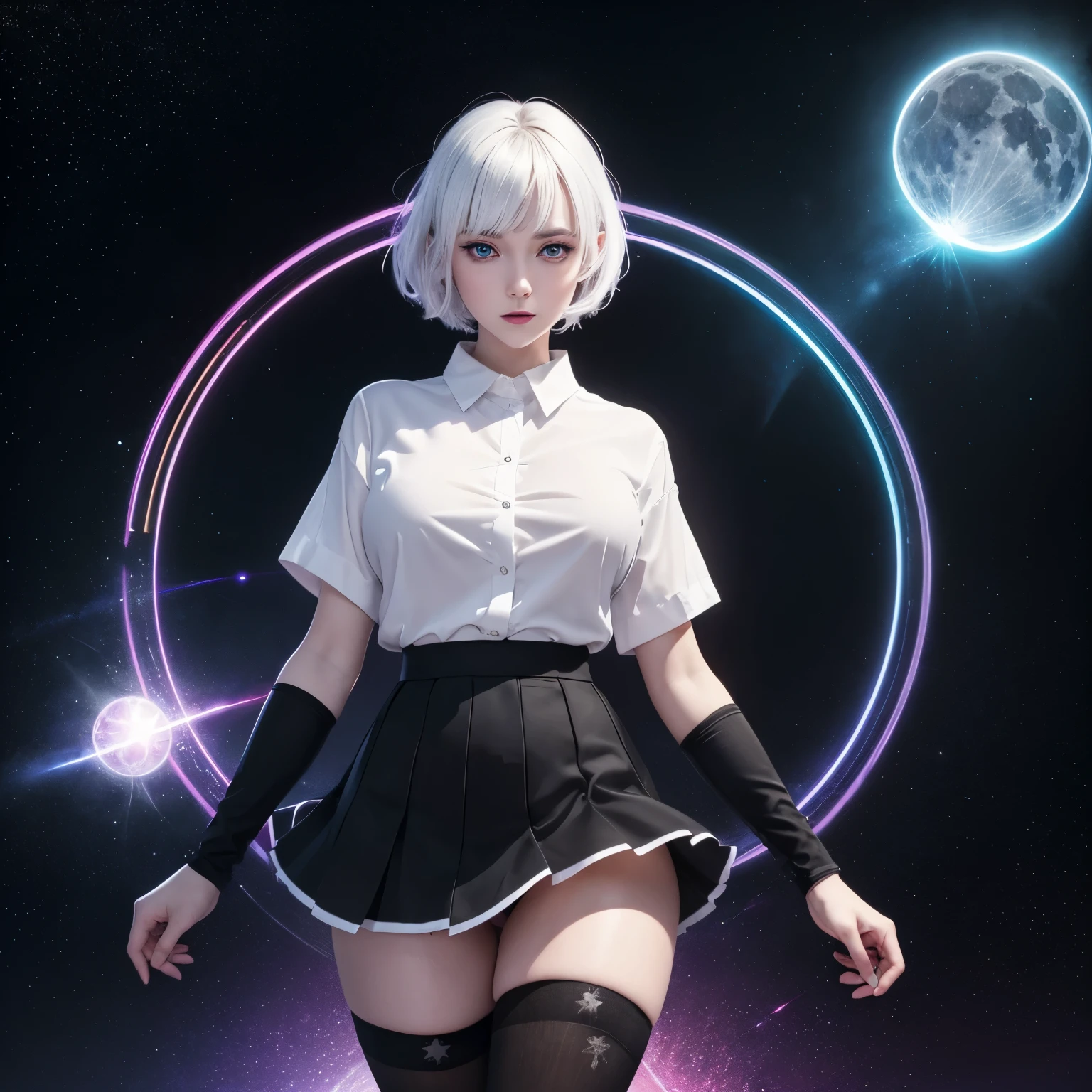 (best quality, 32k, RAW photo, incredibly absurdres, extremely detailed), anime, illustration, intelligent beauty, magic tact and spins it while saying a spell, laugh like a prankster, happy, shy, white glossy flowing layered messy iridescent short hair, blue sparkling big eyes, full makeup, red alluring moist big thick lips, amorous expression, lewd expression, (white shirt, black miniskirt, black knee high socks, thighs:1.4), huge breasts, slender, perfect proportion, BREAK , (delicate, flashy and dynamic depiction), kaleidoscope, huge magic circle, pale full moon, static electricity, electric discharge, geometric pattern, irregularity, mysterious, sign of something happening, wide space at night, night sky, colorful, digital, art, background galaxy, rainbow colors neon line light, professional lighting, Harry Potter style, Ghibli style
