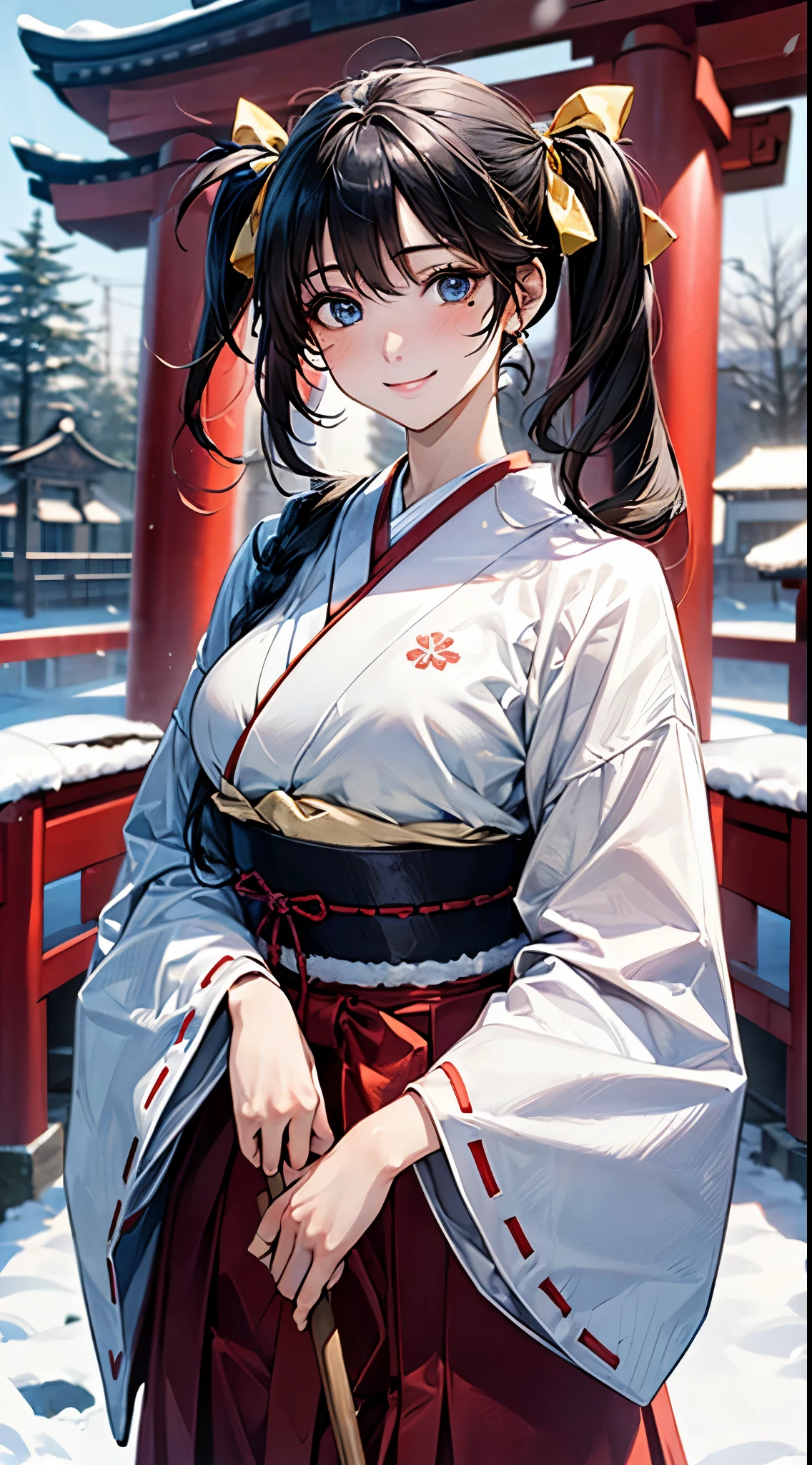 ((perfect anatomy, anatomically correct, super detailed skin)),
1 girl, japanese, 16 years old, shiny skin, large breasts:0.5, looking up, watching the view,
((miko clothes, long sleeve, long hakama, hair ribbon)), break,
beautiful hair, beautiful face, beautiful detailed eyes, (middle hair:1.5, twintail:1.7), ((black hair)), blue eyes, babyface, mole under eye, break,
((lovely smile, happy)), standing, walking, holding broom,
(beautiful scenery), winter, dawn, (new year's day, first visit), (shinto shrine), crowd, snow, snowfall:1.5, freezing weather, frost,
(8k, top-quality, masterpiece:1.2, extremely detailed), (photorealistic:1.2), sunlight, beautiful art, visual art, depth of fields, natural lighting,