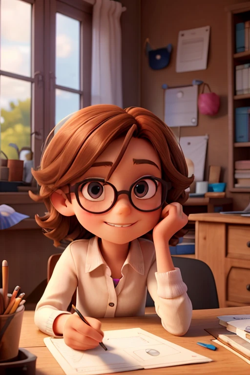 Fille de 10ans , chestnut hair, yeux marron , avec lunettes,qui dessine sur un bureau
