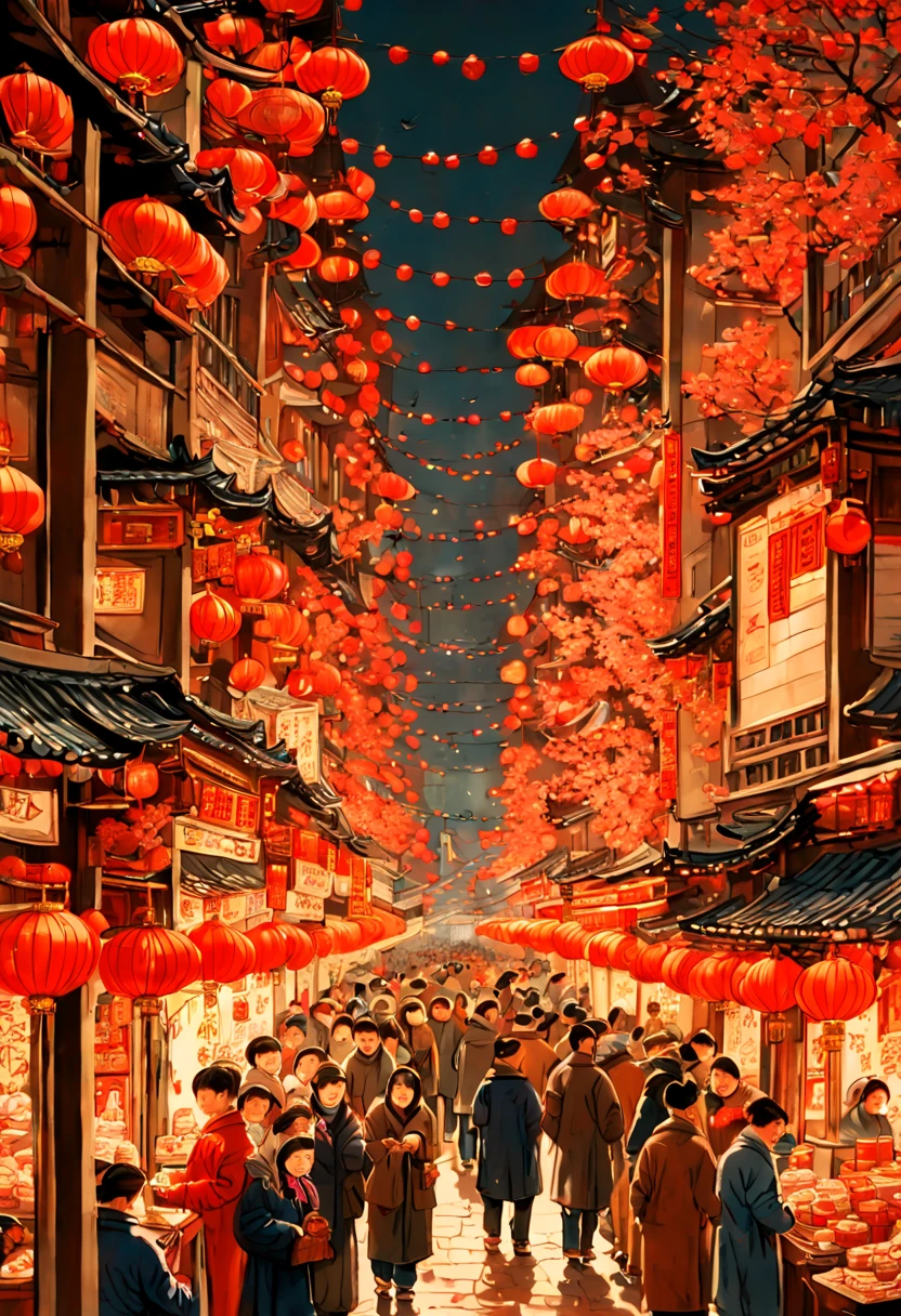 An intricate vertical New Year's scroll painting in traditional Chinese style depicting a busy street market scene in Shanghai during Chinese New Year celebrations. People bargaining and buying decorations and food, red lanterns hanging overhead, firecrackers lighting up the night sky.