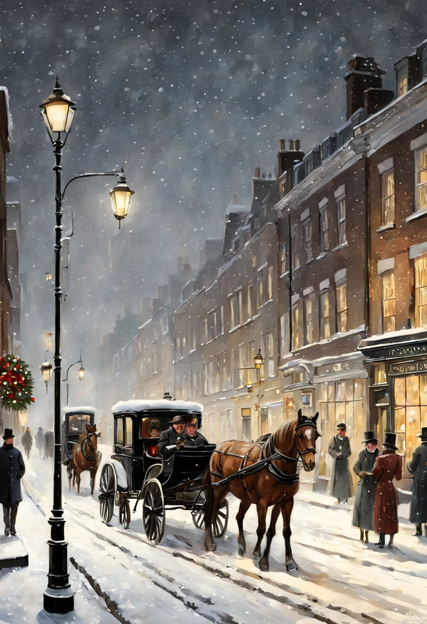 Victorian Christmas street scene, snow-covered, horse-drawn carriages, gas street lamps, happy new year