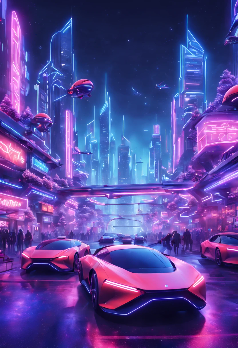 Futuristic city celebrating Christmas, neon lights and flying cars, sci-fi vibe