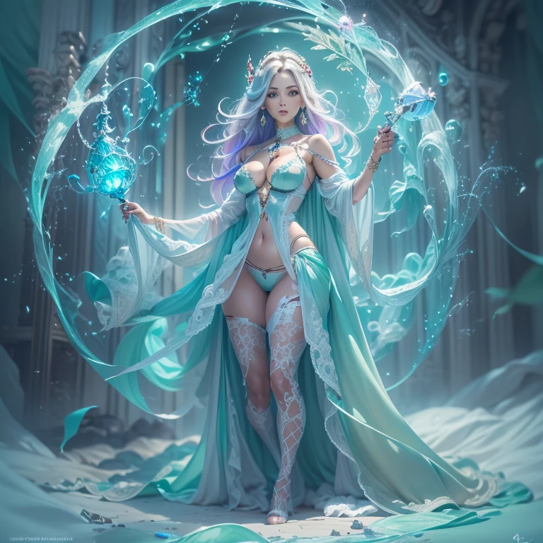 from above, high view shot, in the heart of a fantasy elf world, a young sexy elf woman with a pink style haircut, luminicent hair, elf ears, sexy elf clothes, blue and pink magic aura, smile. In a blue and pink enchanted forest, with cursed trees marked with elfic symbols, elfic tattoos, sensual pose, hands holding a blue crystal stone, magic dust, creates an atmosphere of elfic magic and cursed magic, energy and neon lights, neon blue , neon pink. good quality eyes, cyan eyes, ultra detailed, blue and pink magic light effects, masterpiece, 4k, raytracing, medium body, close-up, high view, particles and hard blue-pink neon lights, focus on blue and pink color