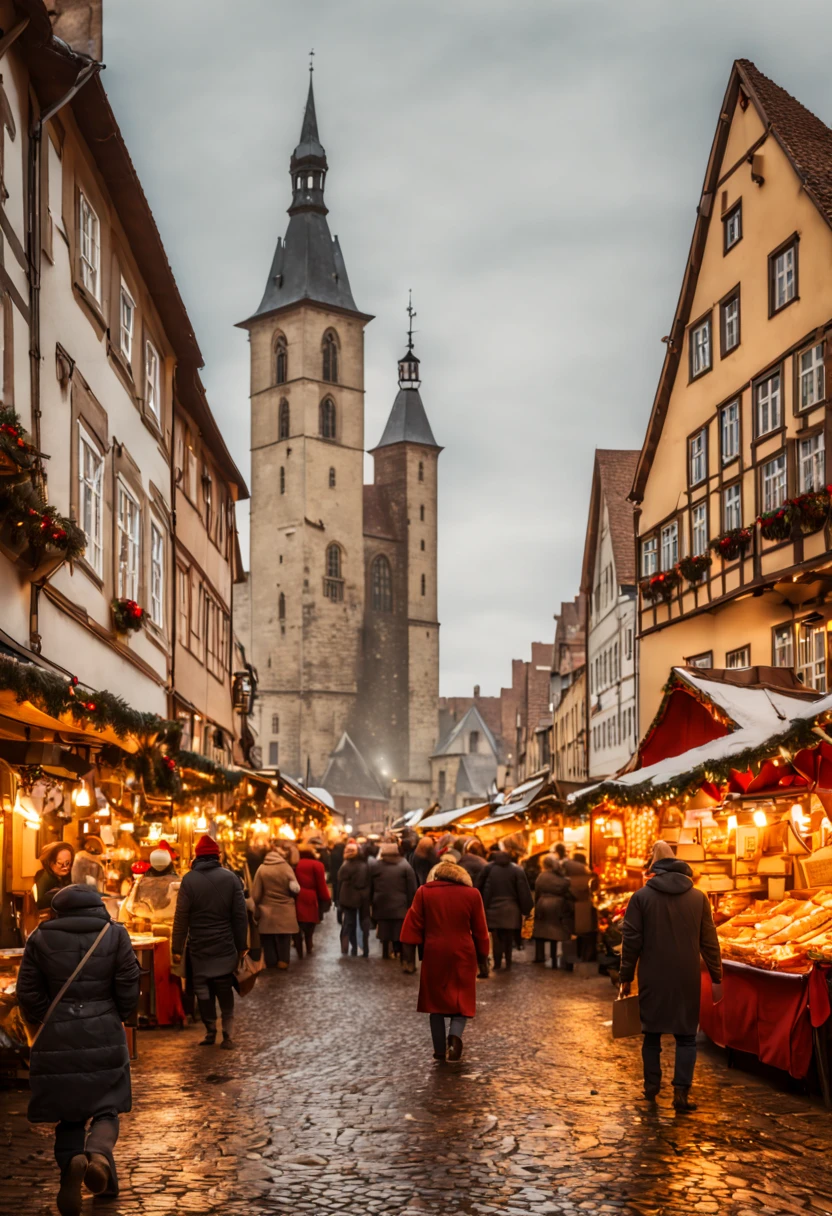 Christmas market in a European medieval town, bustling with people, traditional stalls
