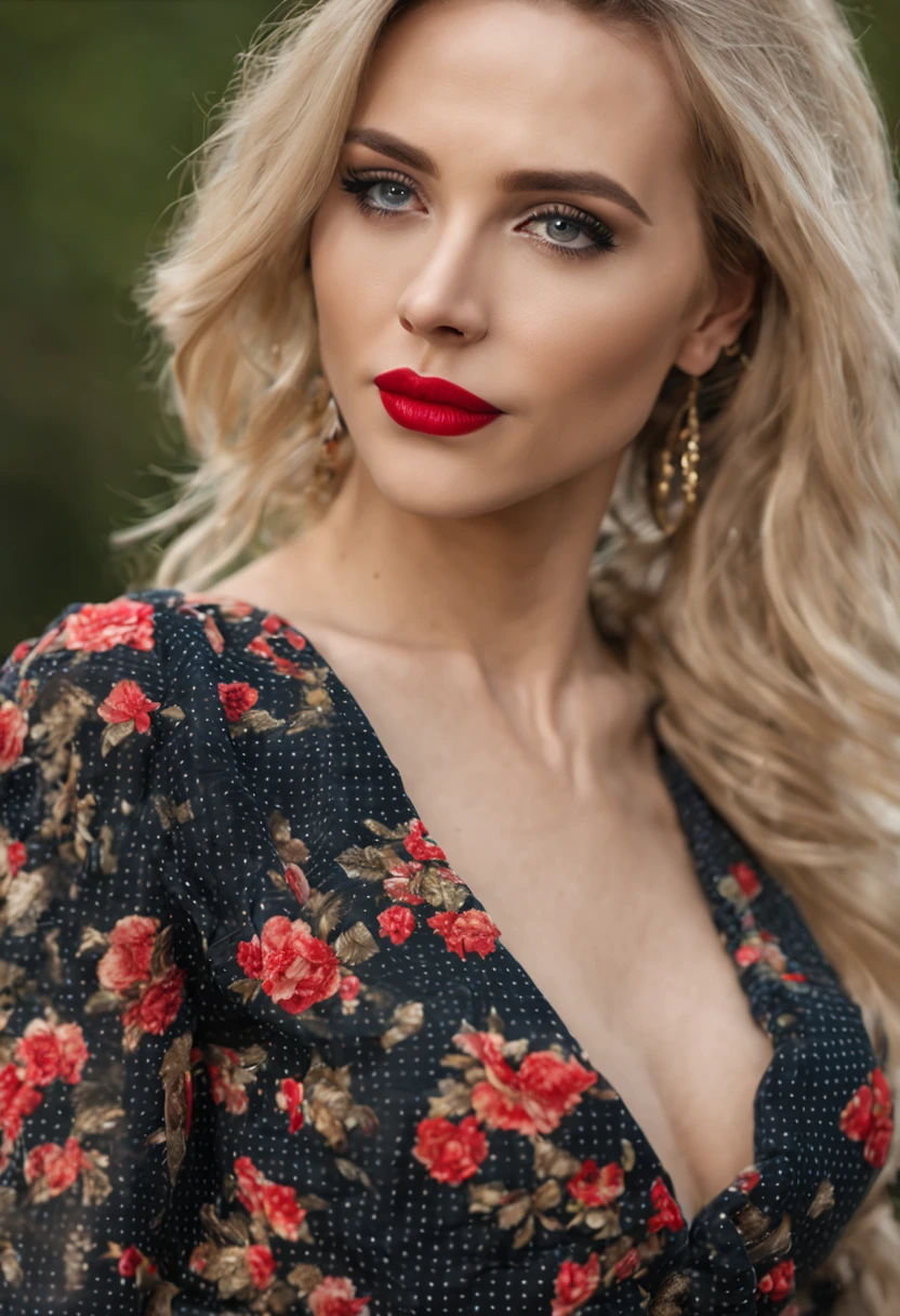 pretty face, russian 38 years blonde with hot, perfect body, Rebecca, chery red lipstick, stockings 64k, makeup, full body, top-quality, hightquality, Extreme Detail Photography, Eye for extreme detail, masterpiece, 16k, 8k, 4K, HD, UHD, high details, high quality, 1080P, best quality, beautiful lady well dressed, elegant mini polka dress, spring vibe, atractive pose