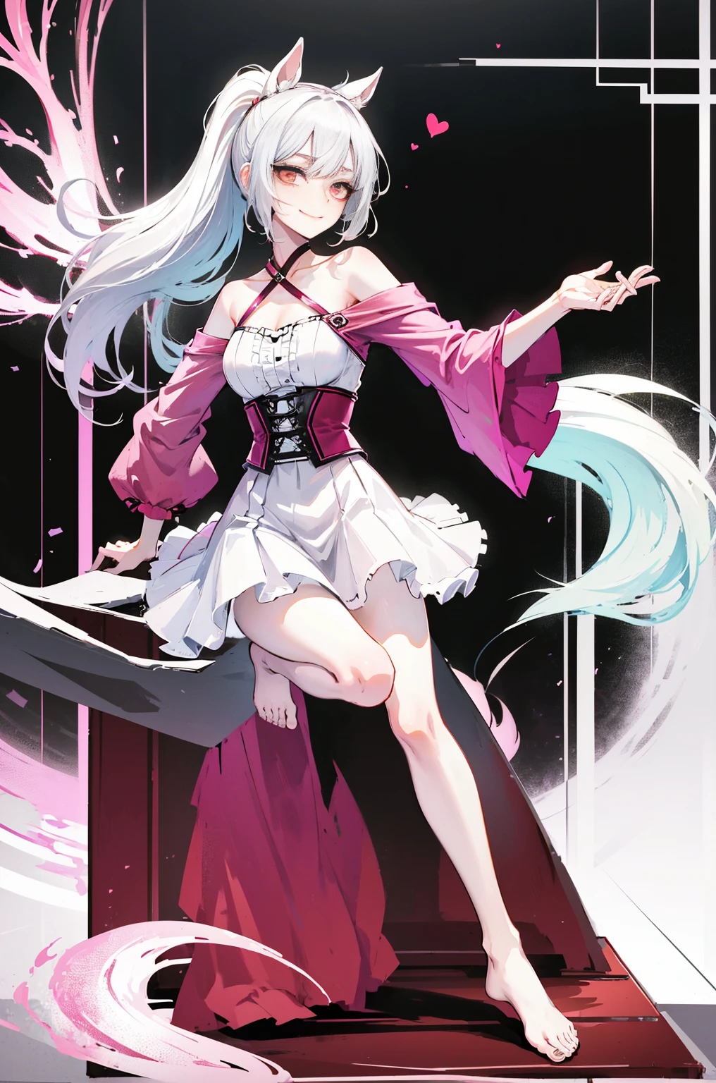 Hyper-Resolution,
(realistically:1.3),dual horsetail,
(1 Slim girl), Fashionab女孩, Fashionab,lingerie,
Young face, red eye makeup,face flushed, (Vibrant smile),kicks,
(Slim) upper legs,Tired Danceshion show,On stage,lifting one leg,peeping at the viewer,fully body photo,The barefoot,emo girl, kawaii, silber hair, The white花, The white, pure white, silvery white