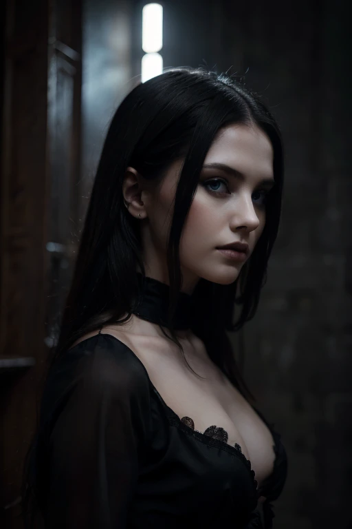 "(best quality,highres),(realistic:1.37),pale skin,white goth girl,blue eyes,beautiful detailed eyes,dark makeup,black dress,flowing dress,long black hair,gloomy atmosphere,gothic surroundings,ethereal,soft lighting,dramatic shadows,hauntingly beautiful,subtle gothic style,vivid colors,painting-like quality"