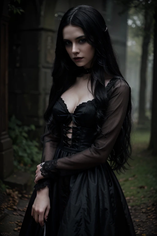 female sexy vampire|albino, pale porcelain skin, sexy vintage black dress, smile, shallow depth of field, grin|creepy, nightfall, detailed face, night, wide hips, narrow waist, portrait of woman standing, detailed eyes, portrait of woman standing, 8k RAW photo, highest quality, looking at the viewer, best shadow, intricate details, long hair, bright eyes, forest, grave, gothic, goth detailed, highres, high qualilty, high saturation