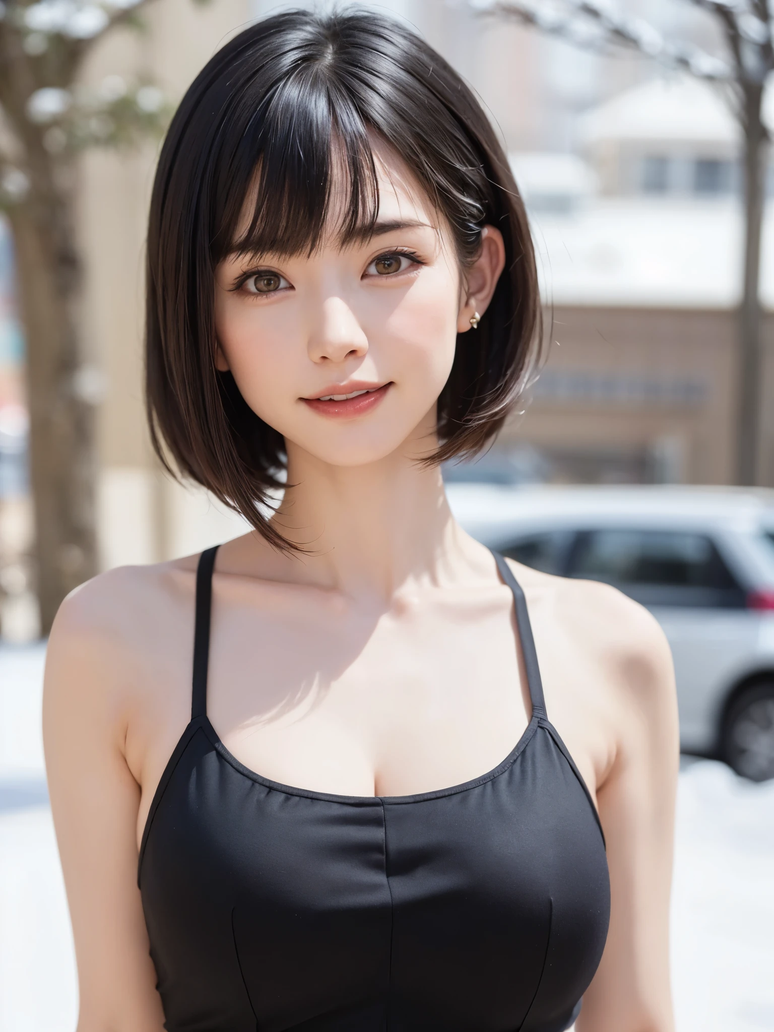 (masterpiece, top-quality),1girl in, 独奏, hyper realisitic, Photorealistic,realisitic, looking at the viewers, brown eyes of light color:1.4,Brunette short bob hair with highly detailed shiny hair, Winter clothes in bright colors, lepangas:1.4), plein air, a closed mouth, The upper part of the body、big eye、Lashes、{Gigantic|Big|Huge|Mega} breasts:1.4, cleavage:1.4、(((big eye、Short bob hair、Intense highlights of the pupils、gazing at viewer、She is a very beautiful and cute beauty、Put your ears out、long neck、smil、Close your mouth and smil、bangs beautiful teeth)))、Ideal ratio body proportions、(Snow-covered tree-lined streets in Norway in winter)、美しいlong neck:1.4%