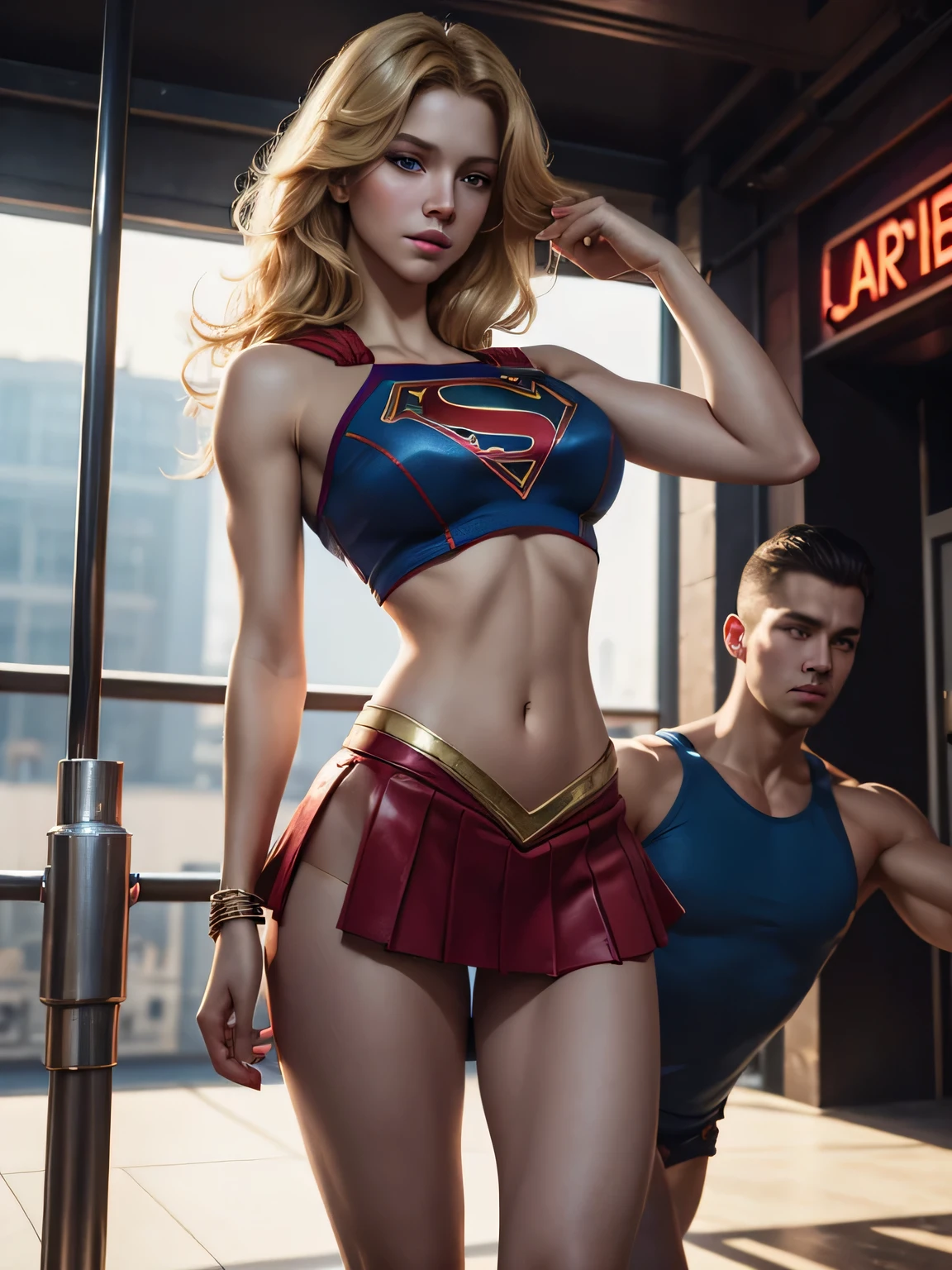 Supergirl, tenue de prostituée bon marché, sexy, mini jupe rouge, crop top, jambes nues, corps entier, 4 9 9 0 s, longs cheveux blonds, yeux bleus, complexe, élégant, très détaillée, peinture numérique, ArtStation, Art conceptuel, smouth, mise au point nette, Illustration par Wlop, Charlie Bowater et Alexandra Fomina. Danser dans une pole dance pour une foule de criminels, merveilleuse beauté, jolies caractéristiques, Éclairage dynamique, Réalistique, moins musclé, moins de vêtements, Pas de soutien-gorge, Pas de pantalon. (2garçons attrapant le sein de 1fille:1.1)