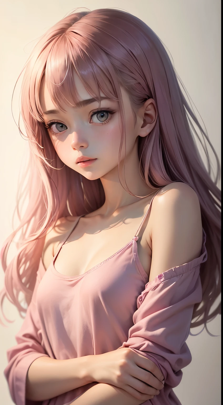 (masutepiece),(Best Quality:1.1),(Ultra-detailed),Best Illustration,finely detail,(Portrait:1.1),(watercolor paiting)floating,1girl in,Solo,13 years old,slim,(extremely delicate and beautiful face),(Detailed beautiful eyes),pink thick lips,(disheveled hair),(Wearing a pink baggy T-shirt),Soft and lazy,(Simple background:1.2)Whole color background,Clear,4K,barechested