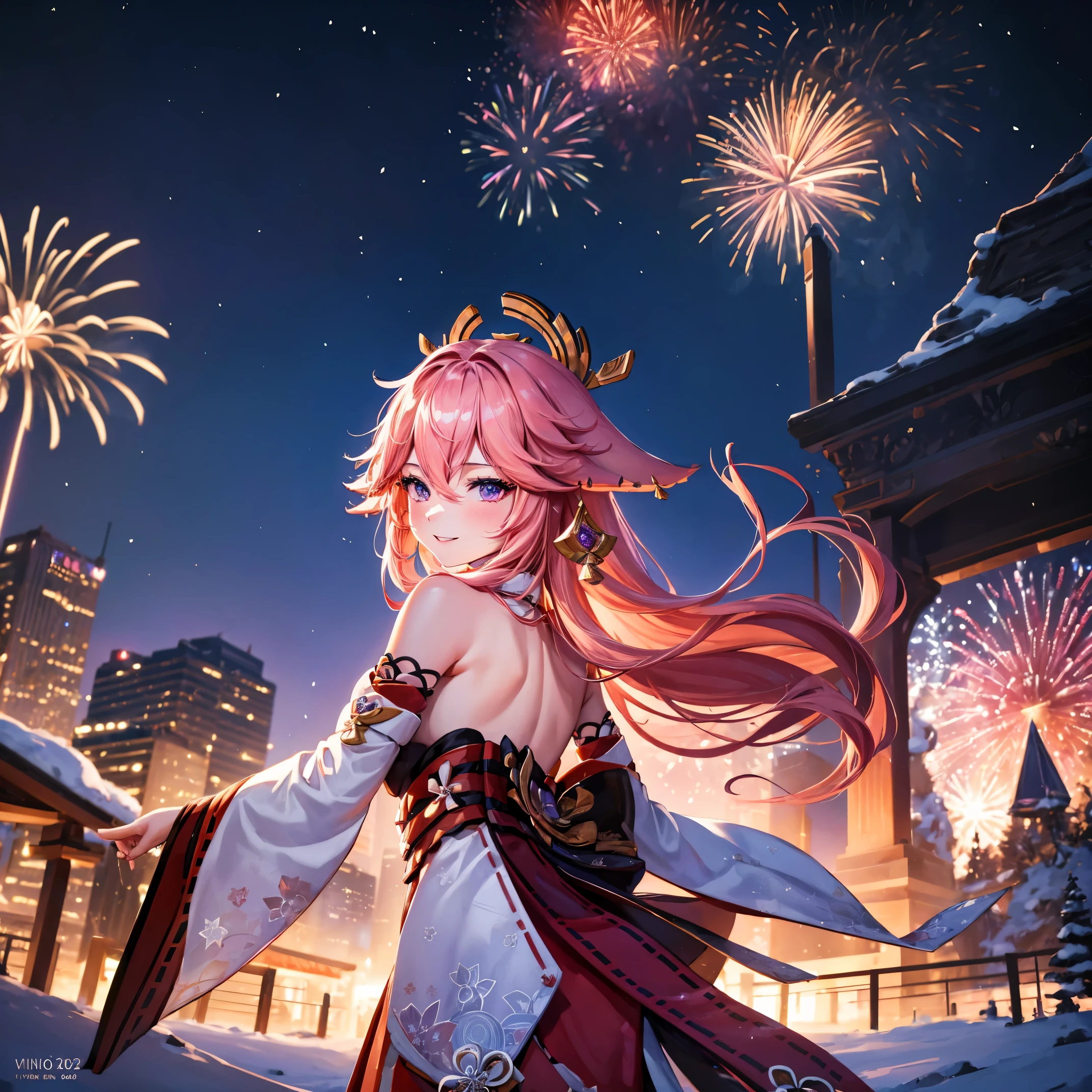 Festival poster, Happy New Year 2024,wide wide shot,Expansive night sky,Winter snowflakes fluttering,landscape,painting,illustration,portrait,yae miko, pink hair, sleeves separated, strapless,((grand fireworks display in the night sky)),mesmerizing colors fireworks,twinkling stars,Futuristic high-rise buildings,romantic ambiance,overwhelming sense of excitement,festive atmosphere,magical moment,inspiring and artistic composition. best quality,4k,8k,highres,masterpiece:1.2,ultra-detailed,realistic:1.37,