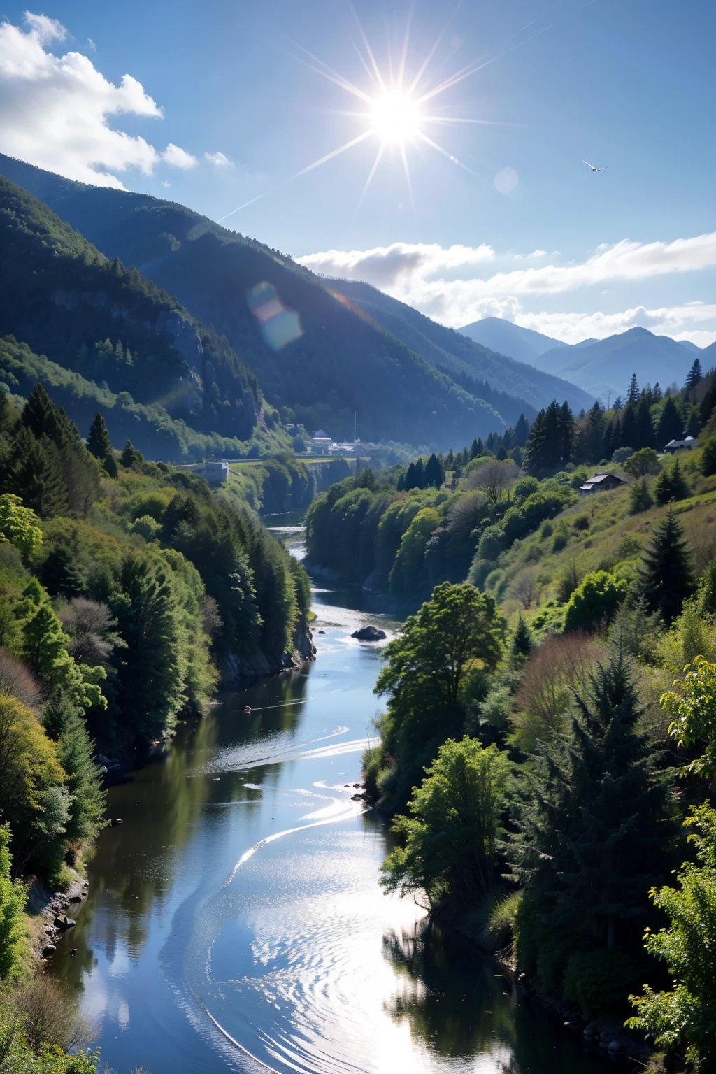 The rivers between the mountains and forests flow gently, and the detailed background rendering of the scenery is a masterpiece. Under the extreme picture quality, the sun gathers into a large aperture during the day, and the clouds are leisurely, looking up at the sky.