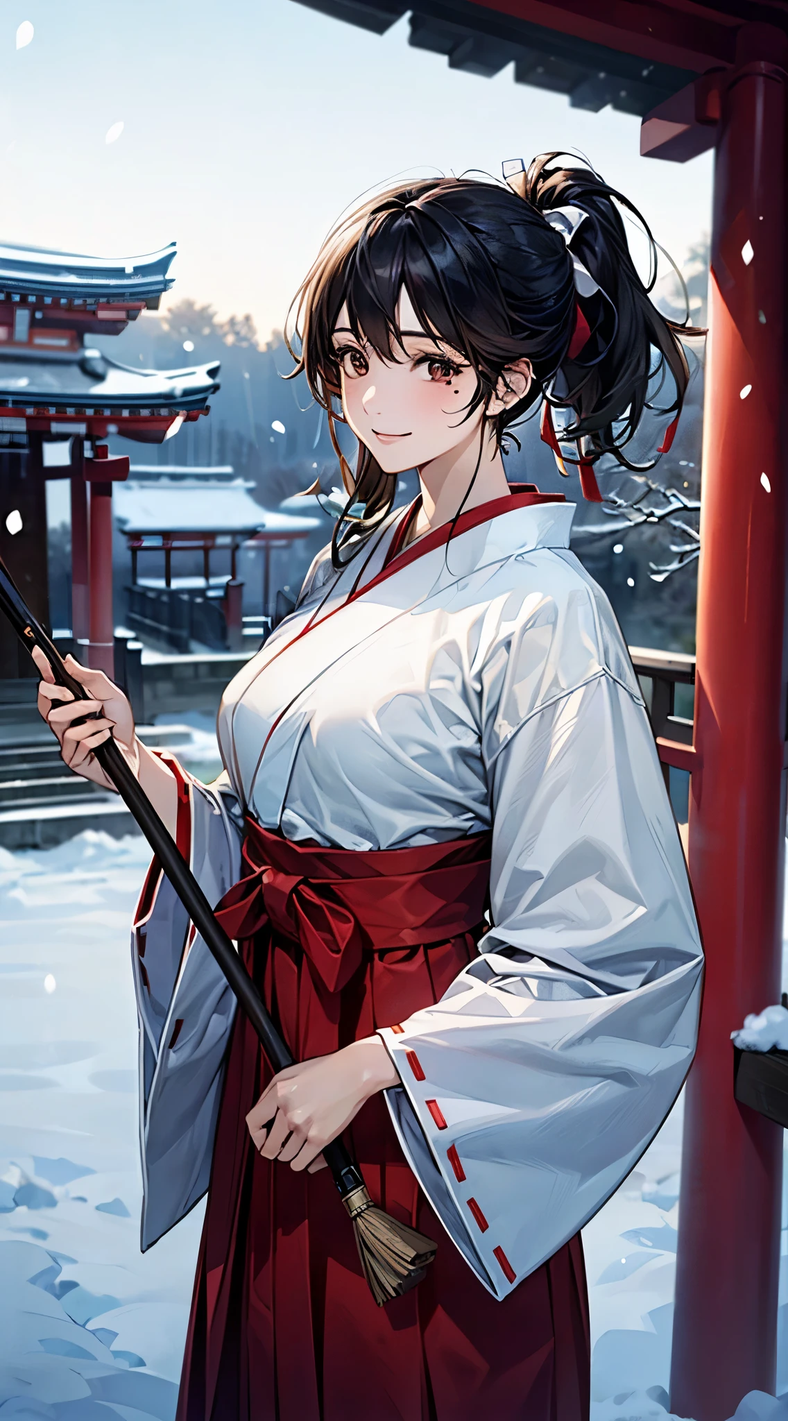 ((perfect anatomy, anatomically correct, super detailed skin)),
1 girl, japanese, , shiny skin, large breasts:0.5, looking up, watching the view,
((miko clothes, long sleeve, long hakama, hair ribbon)), break,
beautiful hair, beautiful face, beautiful detailed eyes, (middle hair:1.2, ponytail:1.2), ((black hair)), brown eyes, babyface, monder eye, break,
((lovely smile, happy)), standing, walking, holding broom,
(beautiful scenery), winter, dawn, (new year's day, first visit), (shinto shrine), crowd, snow, snowfall:1.5, freezing weather, frost,
(8k, top-quality, masterpiece:1.2, extremely detailed), (photorealistic:1.2), sunlight, beautiful art, visual art, depth of fields, natural lighting,