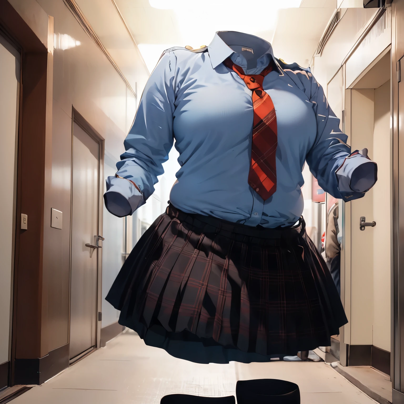 absurdres, highres, ultra detailed, school uniform, stripe tie, plaid skirt, cute big breasts, (invisible, no human, headless, handless:1.5), chubby, fat, sleeping on bed