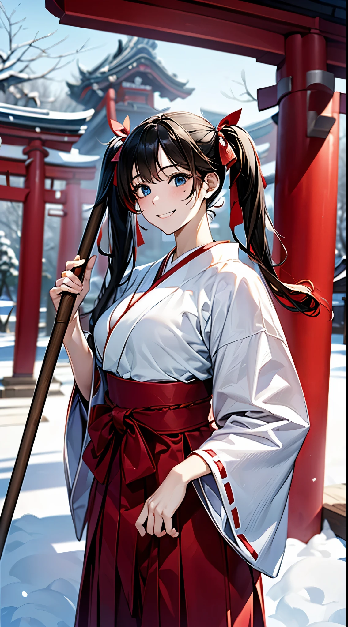 ((perfect anatomy, anatomically correct, super detailed skin)),
1 girl, japanese, , shiny skin, large breasts:0.5, looking up, watching the view,
((miko clothes, long sleeve, red hakama, hair ribbon)), break,
beautiful hair, beautiful face, beautiful detailed eyes, (middle hair:1.5, twintail:1.7), ((black hair)), blue eyes, babyface, monder eye, break,
((lovely smile, happy)), standing, walking, holding broom,
(beautiful scenery), winter, dawn, (new year's day, first visit), (shinto shrine), crowd, snow, snowfall:1.5, freezing weather, frost,
(8k, top-quality, masterpiece:1.2, extremely detailed), (photorealistic:1.2), sunlight, beautiful art, visual art, depth of fields, natural lighting,