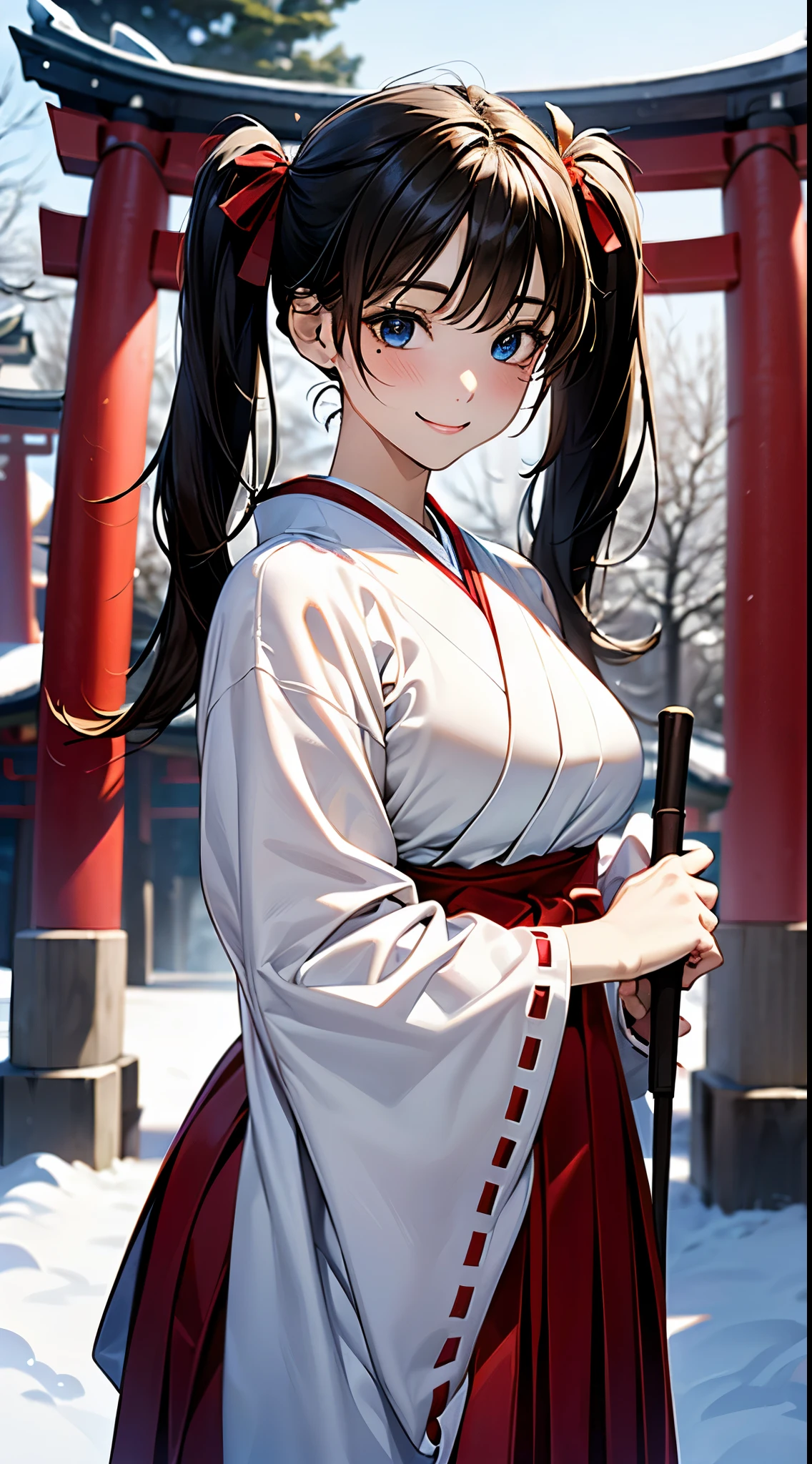 ((perfect anatomy, anatomically correct, super detailed skin)), 
1 girl, japanese, , shiny skin, large breasts:0.5, looking up, watching the view, 
((miko clothes, long sleeve, red hakama, hair ribbon)), break, 
beautiful hair, beautiful face, beautiful detailed eyes, (middle hair:1.5, twintail:1.7), ((black hair)), blue eyes, babyface, monder eye, break, 
((lovely smile, happy)), standing, walking, holding broom, 
(beautiful scenery), winter, dawn, (new year's day, first visit), (shinto shrine), crowd, snow, snowfall:1.5, freezing weather, frost, 
(8k, top-quality, masterpiece​:1.2, extremely detailed), (photorealistic:1.2), sunlight, beautiful art, visual art, depth of fields, natural lighting,