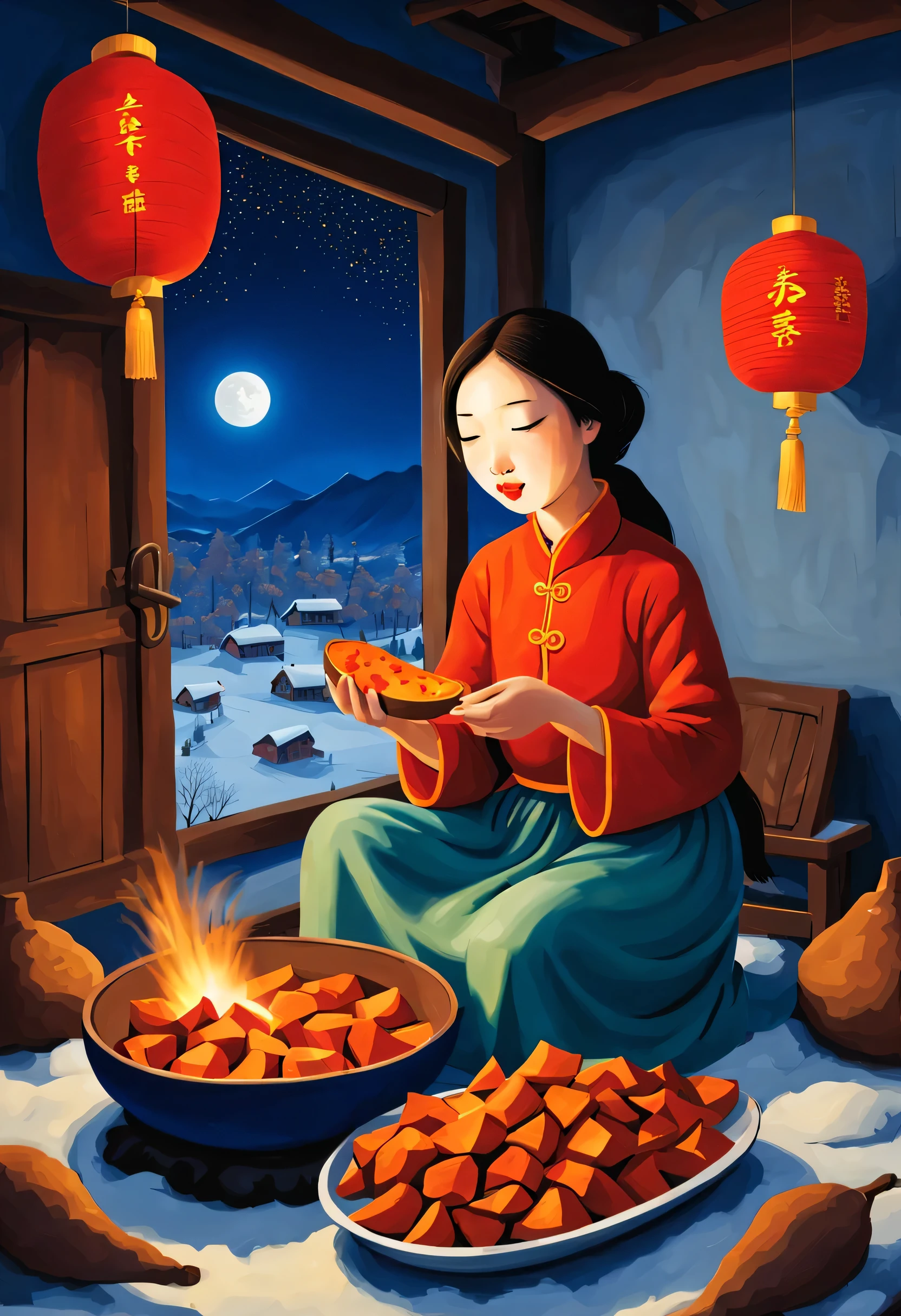 Iwona Lifsches Style，Beautiful girl in rural China is eating roasted sweet potatoes，Hot gas，Very hot roasted sweet potato background：indoor country stove，Lunar New Year Snow Night，Red lantern fireworks bloom in the night sky
