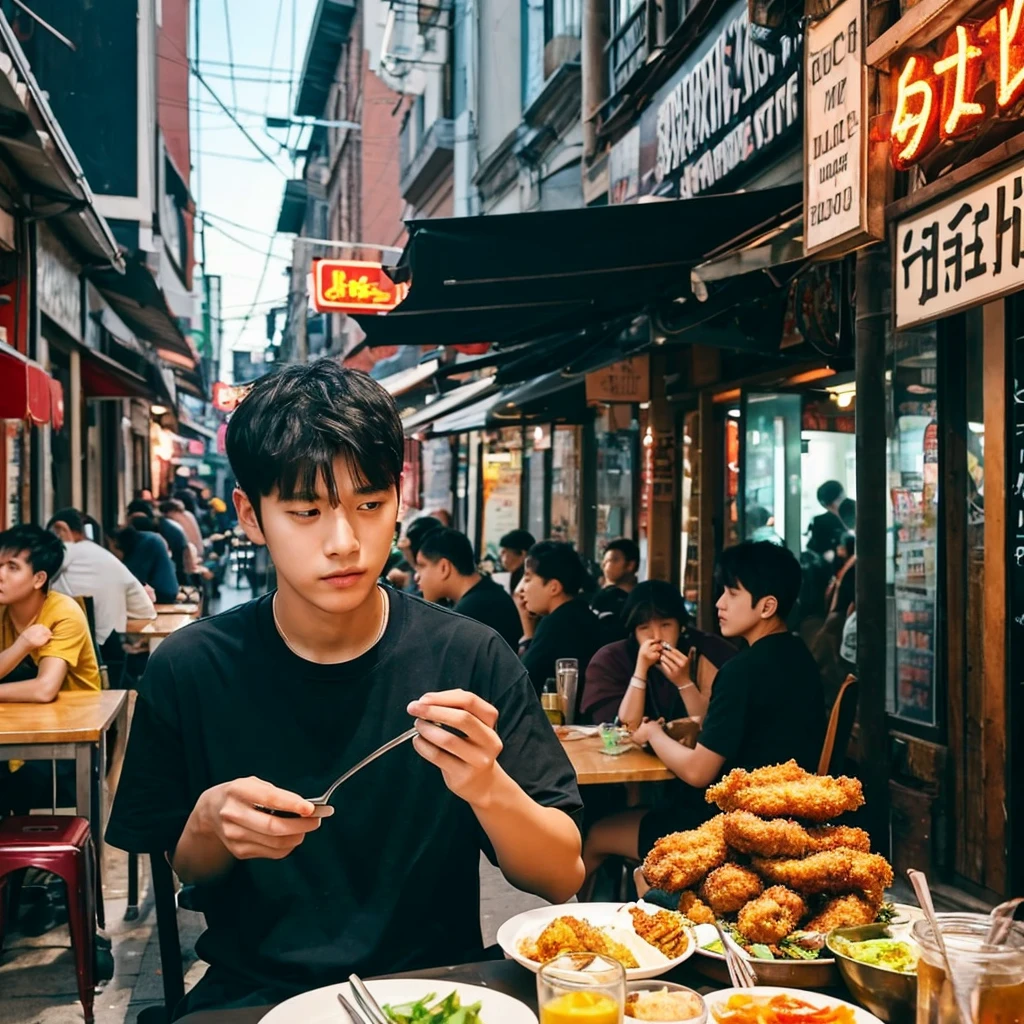 The same asian teenager guy as before sitting on a chair while being fotographed. The guy is not looking at the camera instead hes looking down at the food, being korean fried chicken on the table before him. He has a fork and knife in his hand, ready to eat. The fotographer is not to be seen just the guy looking down at the food. He is wearing a black oversized t shirt. The background is just a normal street with a restaurant behind and other tables with people as well