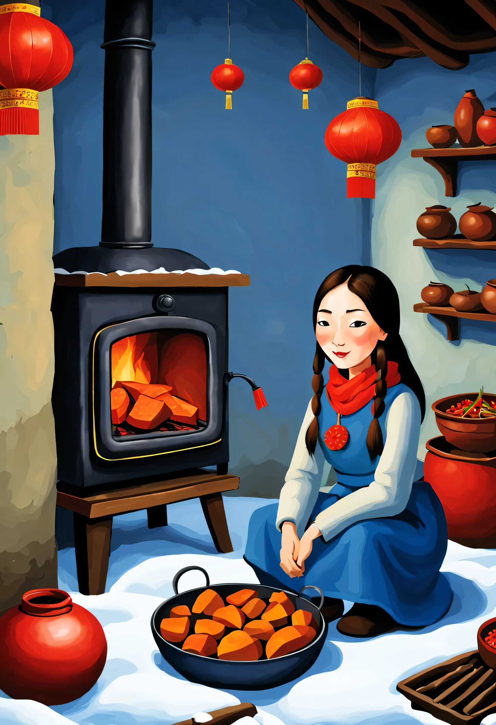 Iwona Lifsches Style，Roasted sweet potatoes in oven and beautiful girl in rural China，Background with：indoor country stove，Lunar New Year Snow Night，red lantern works