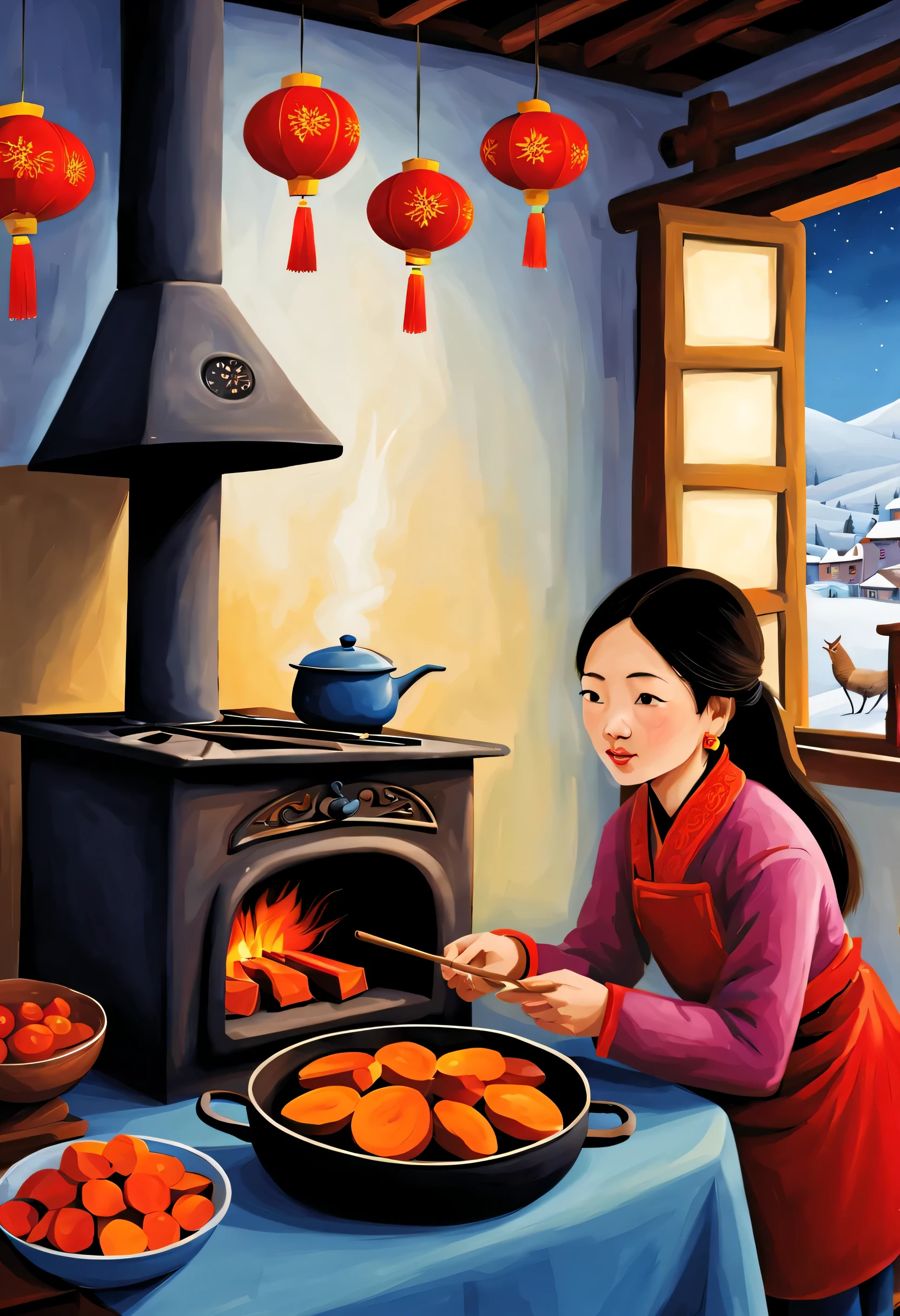 Iwona Lifsches Style,Roasted sweet potatoes in oven and beautiful girl in rural China,Background with:indoor country stove,Lunar New Year Snow Night,red lantern works
