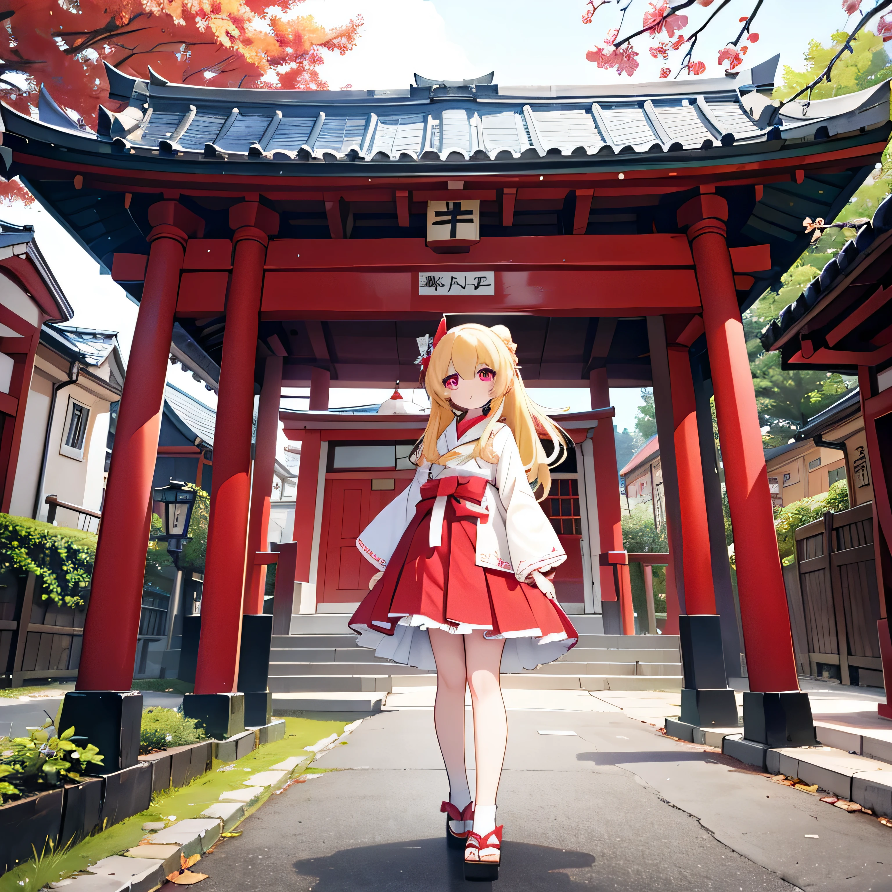 Ichigo Hoshimiya、Red Eyes、a blond、shrine maiden clothe、shrines、A smile、frombelow、