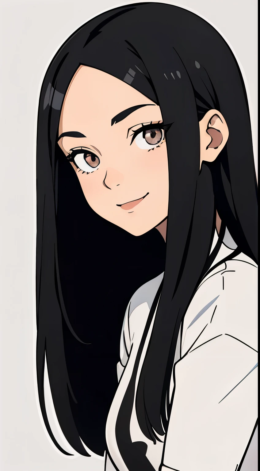 One girl with black hair, hair length until bust, straight hair, hair parted in center of head, round face. hairstyle with a center part, that the hair should be parted down the middle, creating a symmetrical look without any frontal hair covering the forehead. Looking straight. Looking straight at viewers. Smiling. Happy. Wearing casual shirt. Straight pose. Frontal view