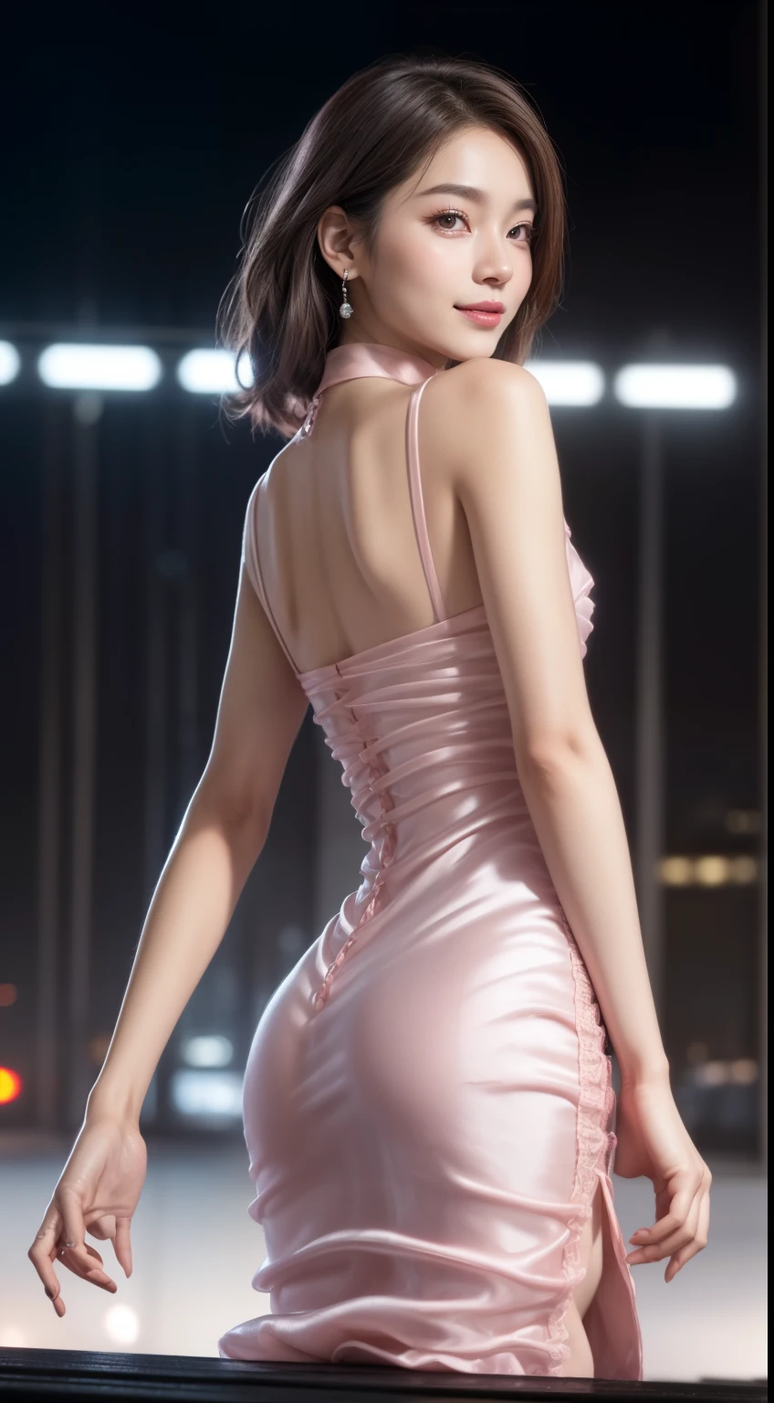 8K, On the table, RAW photogr, Best quality at best, realisticlying, Highly detailed CG Unity 8k wallpaper, depth of fields, 电影灯光, lens flare glow, Ray traching, (Extremely beautiful face, beautifullips, pretty eyes), Intricately detailed face, ((Ultra-delicate skin)) 1 girl in, in the darkness nigth, deepshadow, Beautiful Korean girl, K-pop idol, 1 girl, (Very slim and slender fit muscular body:1.3), ((looking at viewert)),(Hefty Smile:1.3), (fashion city night, A dark night, (neonlight), (vague background), Fashion Street Night),(no people in background:1.3), Beautiful earrings, bangle, choker necklace, lacepantyhose, Clear eyes, foot on foot, (pale-skinned), (Big eyes looking forward, (Brown hairy body shot), ((silk pink dress:1.3)), ((tightly dress)), ((laced dress)), (looking at viewert:1.3) avas, Very slim, medium, Backtracking, (rear projection), is focused, before eyebrows,(tightly dress), Thigh thick