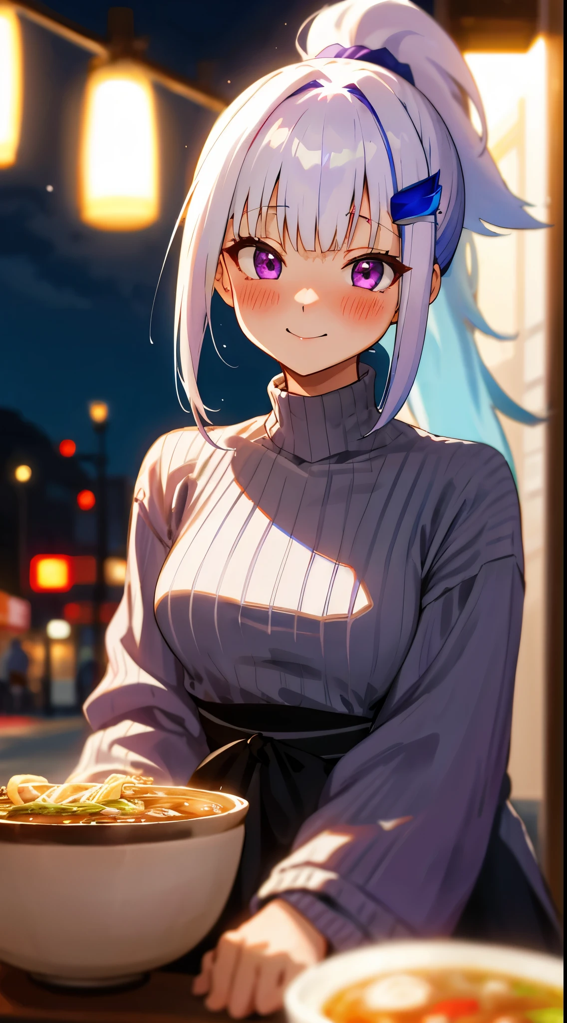 One girl with high ponytail hair, bangs, white hair, blue inner hair:1.25) , purple eyes, looking at viewer, blushing, little smile, outdoor, sidewalk, ramen stall, table, sitting, sweaters, mid-chest, night atmosphere, hair ornament, medium breasts, upper body, focus, blurry background