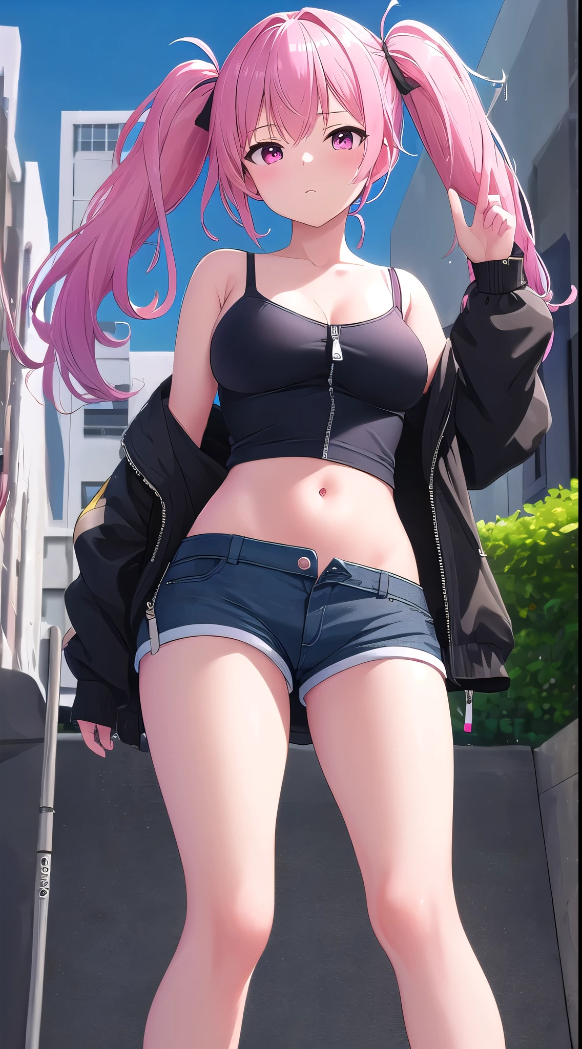(best quality:1.5, highres, UHD, 4K, detailed lighting, shaders, HDR), pink twintails, right front hair, busty, black unzipped jacket, white camisole, crop top, shorts, thighs, from below view, close shot, standing, street background