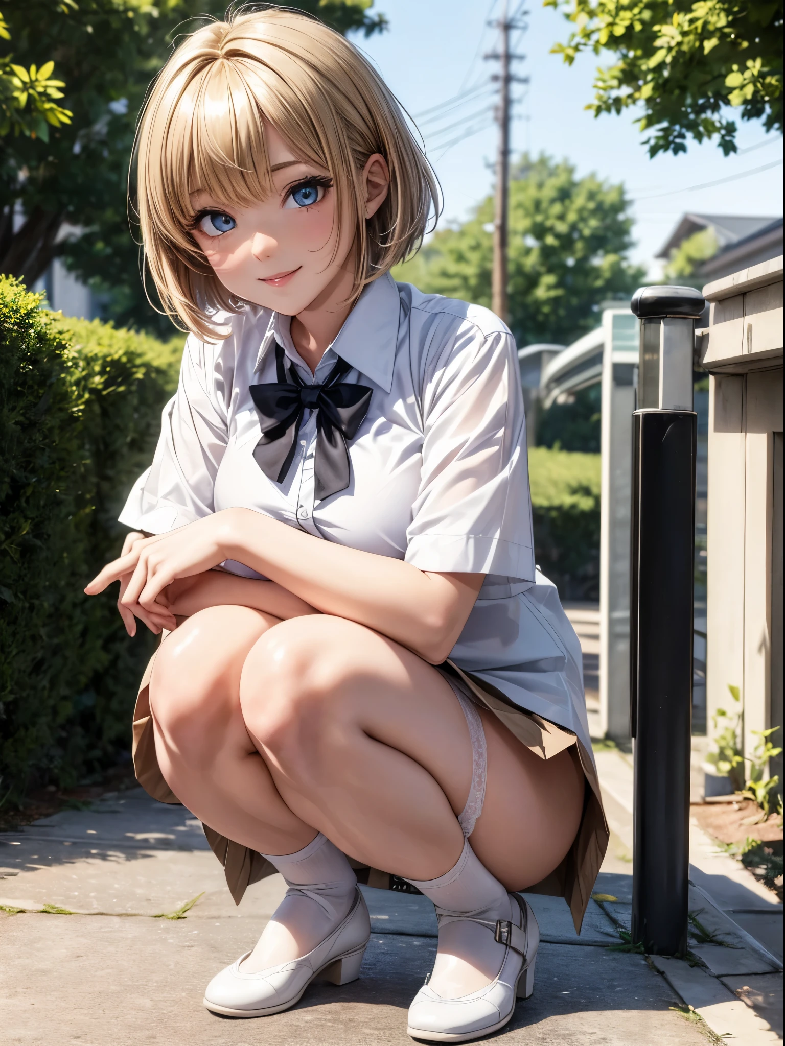 ((masterpiece)), ((best quality)), (ultra-detailed), ((extremely detailed)), 4K, (8K), best quality, (beautiful), anime style, full body, focus on the face, full body focus, from below, Sidewalk, a cute girl, 1girl, solo, school girl uniform, (squatting white panty shot:1.2), young entertainer, beautiful light brown hair, beautiful brown eyes, ((beautiful eyes)), short hair, light smile, shiny-glistening, gleaming,professional lighting