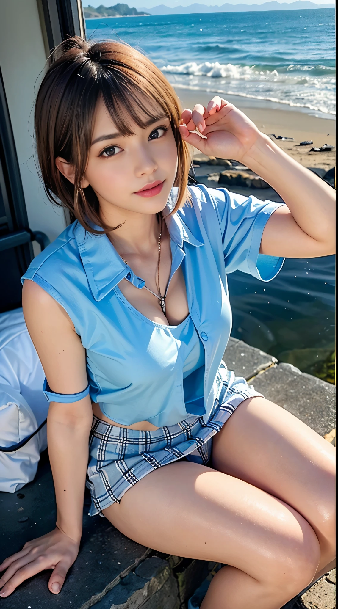 masutepiece, Best Quality, Photorealsitic, finely detail, hight resolution, 8K Wallpapers, Perfect dynamic composition, foco nítido, A hyper-realistic, Beautiful detailed eyes, Medium Hair, large full breasts, Random and sexy poses, Bring your chest together, (colorful o-neck knit tank top, wide open cleavage:1.4, High cut pantier east bulge:1.2,(Emphasizes cleavage, Tank top with a clear view of the chest:1.3)), A smile, open open mouth, Resort scenery, 25-years old, (drooing eyes:1.4), Beauty, japanes, Chain Necklace, large earring, Shooting from front