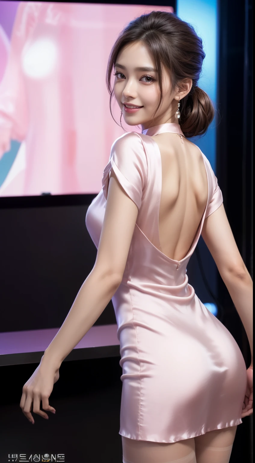 8K, masutepiece, Raw photo, Best Quality, Photorealistic, Highly detailed CG Unity 8k wallpaper, depth of fields, Cinematic Light, Lens Flare, Ray tracing, (Extremely beautiful face, Beautiful lips, Beautiful eyes), intricate detail face, ((Ultra detailed skin)) 1girl in, In the Dark, deepshadow, Pretty Korean girl, Kpop Idol, 1 girl, (Very slim and slender fit muscular body:1.3), ((Looking at Viewer)),(Big smile:1.3), (Midnight, a dark night, (Neon sign), (Blurred background), Dim light), (No people in the background:1.3), Beautiful earrings, Bracelets, Necklace, pantyhose, Clear eyes, Walking , Front shot, (pale skin), (big eye ace forward, (Full body shot), (Brown hairs), open navel, (Looking at Viewer:1.3), Very slim, medium breasts, (Camel toe), thick thighs, turn back, (Fluttering Mini Dress Light Dark Pink Lace Collar Dress)), (Tight skirt), ((backtrack, Back shot)), Ultra mini skirt, exposed ass, upper Shot