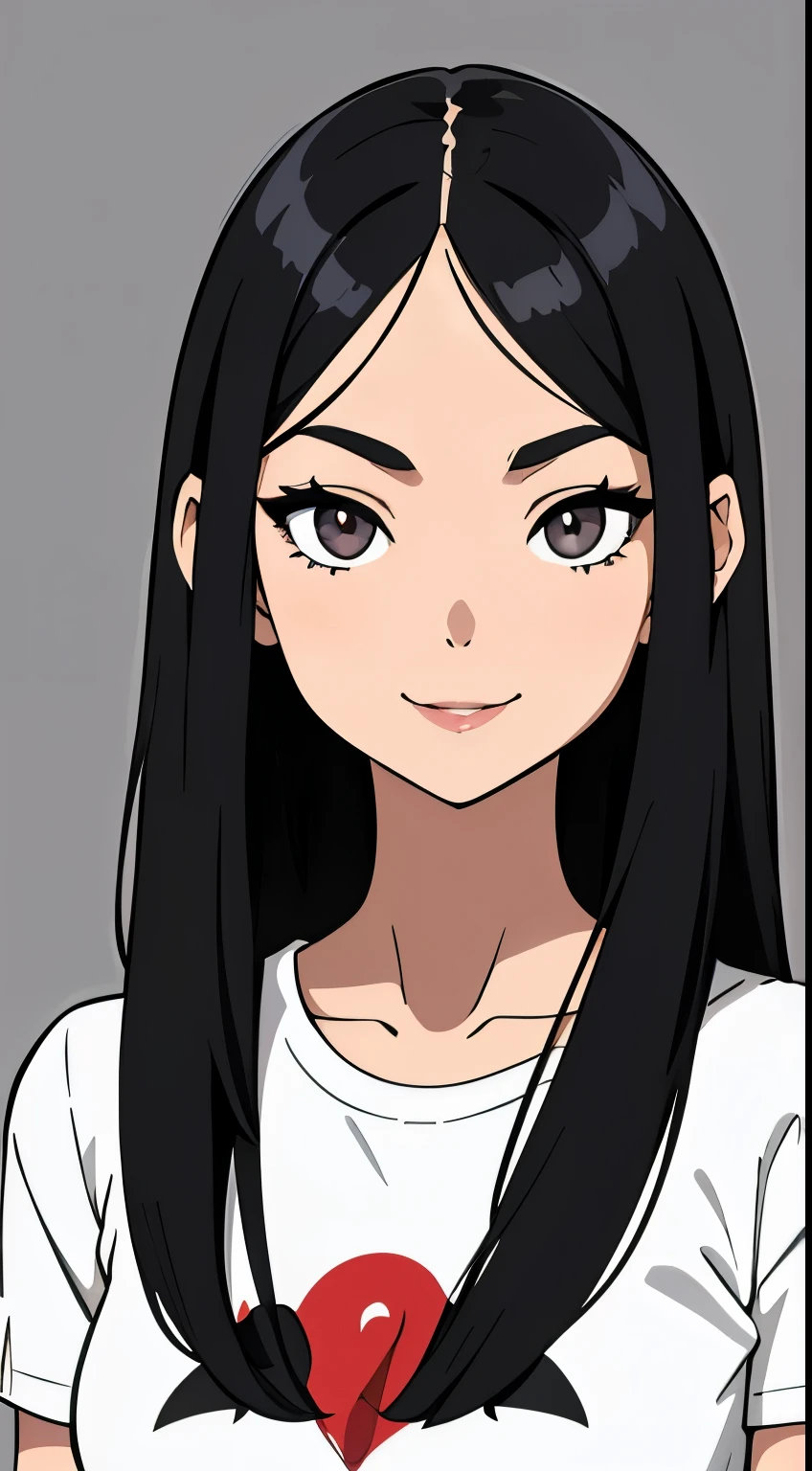 One girl with black hair, hair length until bust, straight hair, hair parted in center of head, round face. hairstyle with a center part, that the hair should be parted down the middle, creating a symmetrical look without any frontal hair covering the forehead. Looking straight. Looking straight at viewers. Smiling. Happy. Wearing casual shirt. Straight pose. Frontal view
