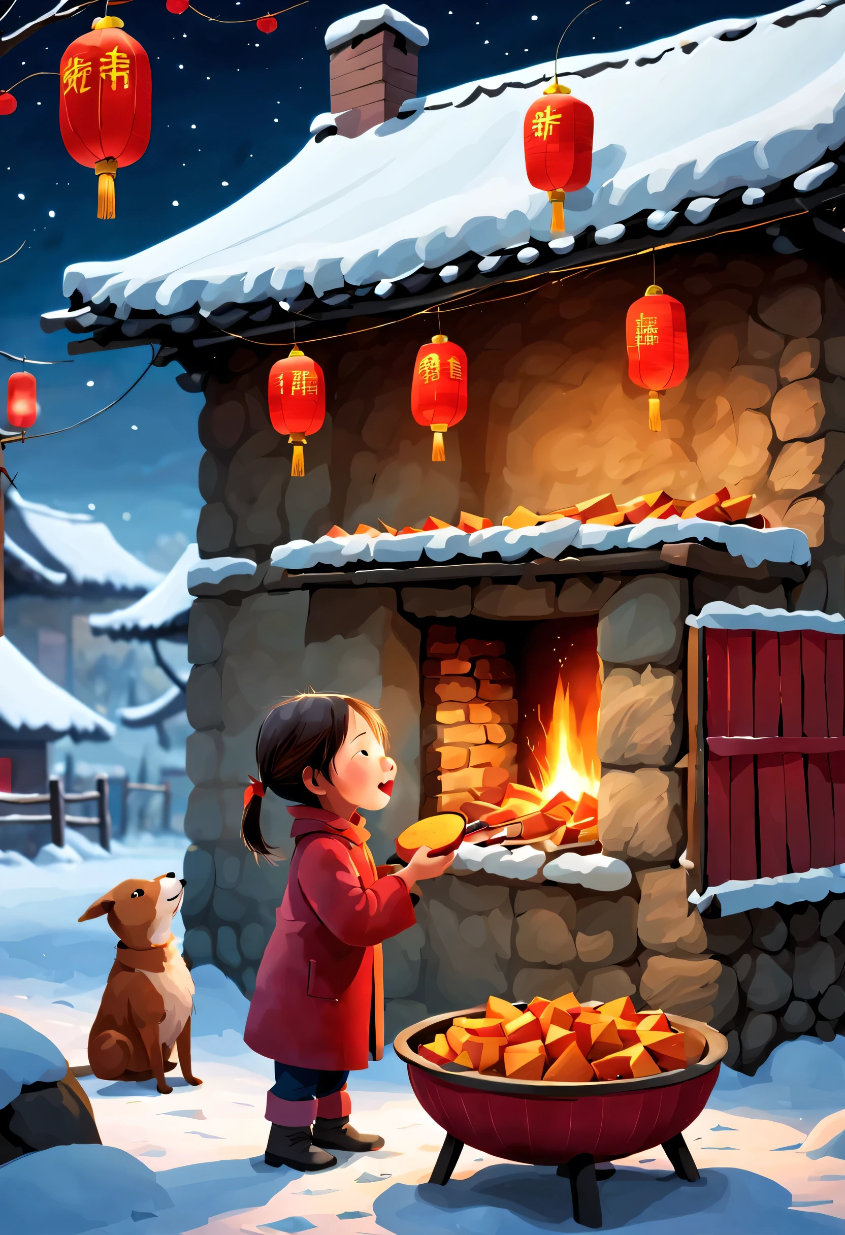 Iwona Lifsches Style,(2024 New Year’s Eve New Year Scene Design),(Tall Chinese Countryside Roasted Sweet Potato Oven:0.6),Child eating roasted sweet potato,Chinese red lantern,Snow scene in Chinese countryside at night,Joyful festive atmosphere