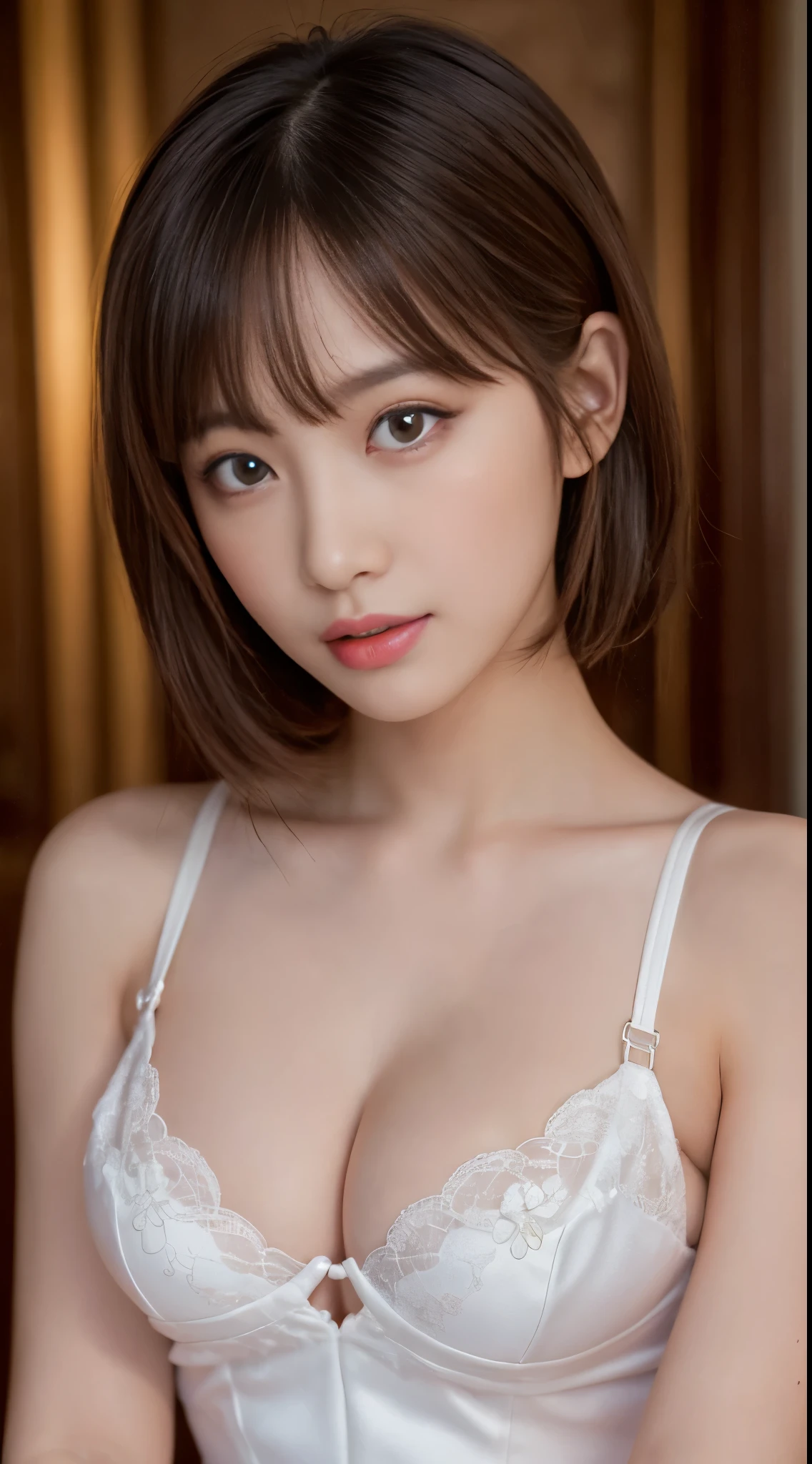 33 year old cute woman、Photos taken by a professional photographer,light brown delicate hair,Medium hair with wavy tips,Fancy makeup with brown eyeshadow,Black dress,round silver necklace,Medium breasts and cleavage,Looking away,Black High Heels,