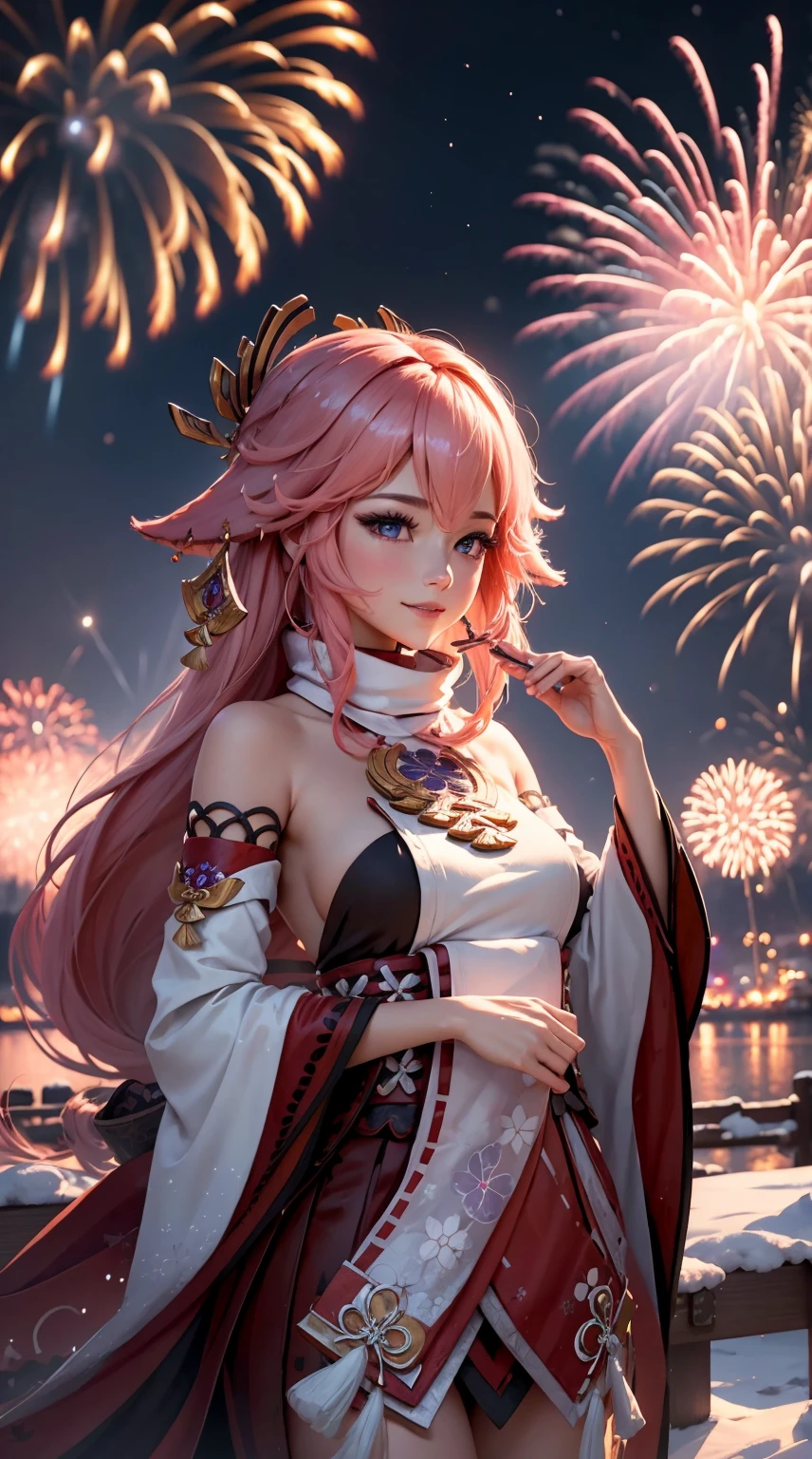 Festival poster, Happy New Year 2024,wide wide shot,Expansive night sky,Winter snowflakes fluttering,landscape,painting,illustration,portrait,yae miko, pink hair, sleeves separated, strapless,((grand fireworks display in the night sky)),mesmerizing colors fireworks,twinkling stars,romantic ambiance,overwhelming sense of excitement,festive atmosphere,magical moment,inspiring and artistic composition. best quality,4k,8k,highres,masterpiece:1.2,ultra-detailed,realistic:1.37,